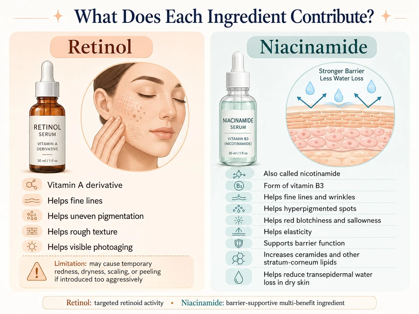 What Does Each Ingredient Contribute comparing retinol benefits niacinamide barrier support pigmentation texture and irritation - Zicail Beauty What Does Each Ingredient Contribute comparing retinol benefits niacinamide barrier support pigmentation texture and irritation - Can You Use Niacinamide and Retinol Together?