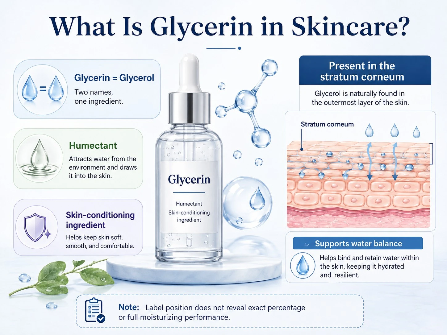What Is Glycerin in Skincare illustration showing glycerin molecule humectant function and skin water balance - Zicail Beauty What Is Glycerin in Skincare illustration showing glycerin molecule humectant function and skin water balance - Glycerin for Skin: Benefits, Uses, Safety & How to Apply