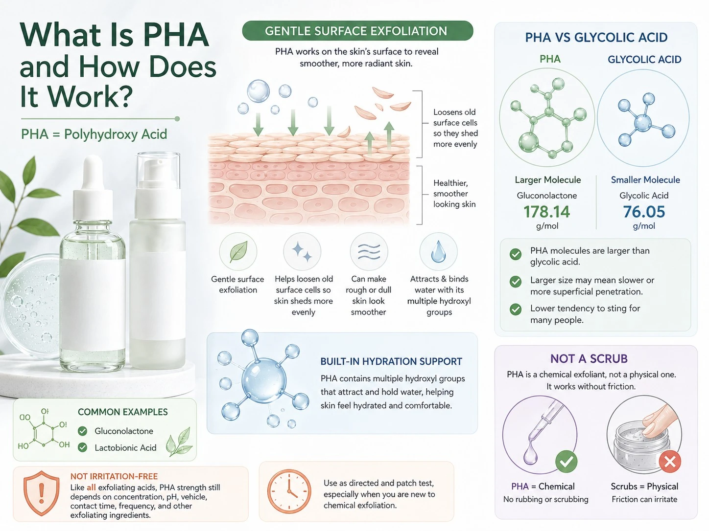 What Is PHA and How Does It Work illustration showing surface exfoliation molecular size hydration and chemical exfoliation - Zicail Beauty What Is PHA and How Does It Work illustration showing surface exfoliation molecular size hydration and chemical exfoliation - PHA for Skin: Benefits, Uses, Safety and AHA vs BHA