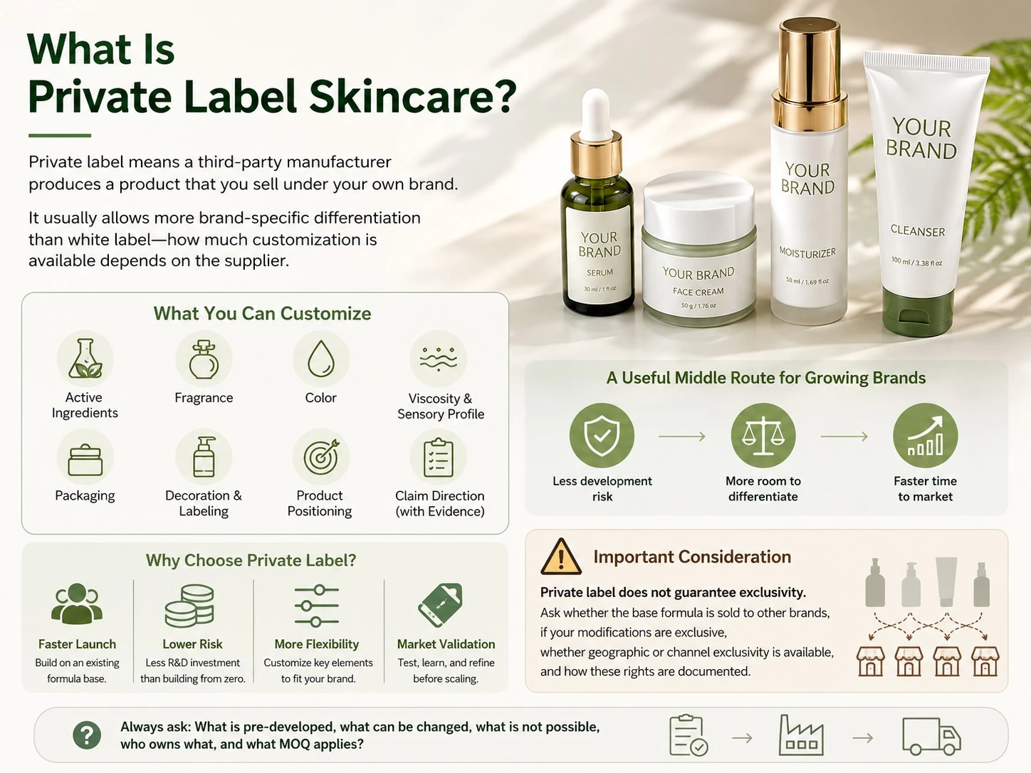 What Is Private Label Skincare illustration showing formula customization packaging branding differentiation and exclusivity considerations - Zicail Beauty What Is Private Label Skincare illustration showing formula customization packaging branding differentiation and exclusivity considerations - Private Label vs White Label vs OEM vs ODM Skincare