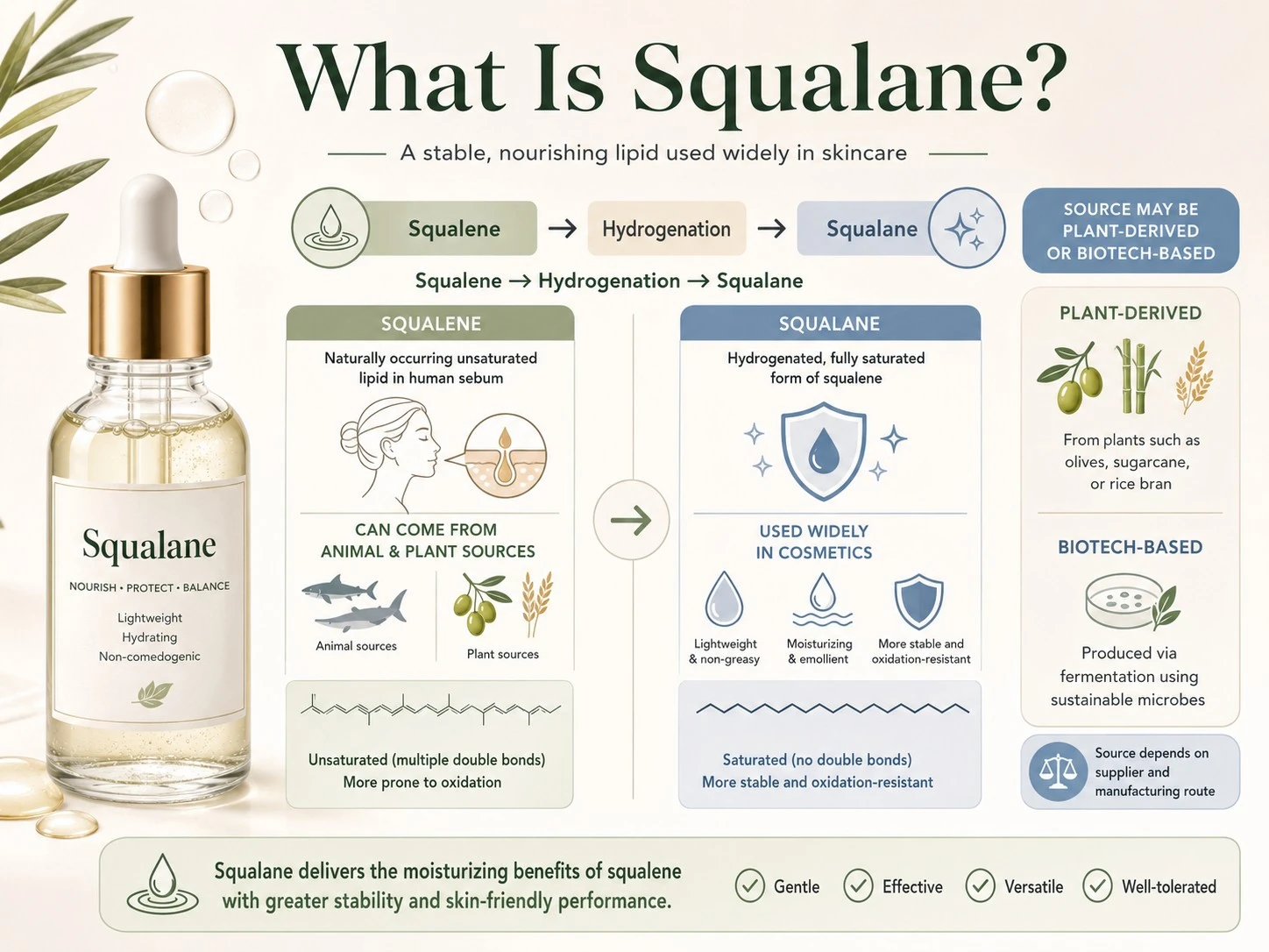What Is Squalane illustration showing squalene hydrogenation process and plant based cosmetic sources - Zicail Beauty What Is Squalane illustration showing squalene hydrogenation process and plant based cosmetic sources - Squalane for Skin: Benefits, Uses & How to Use It