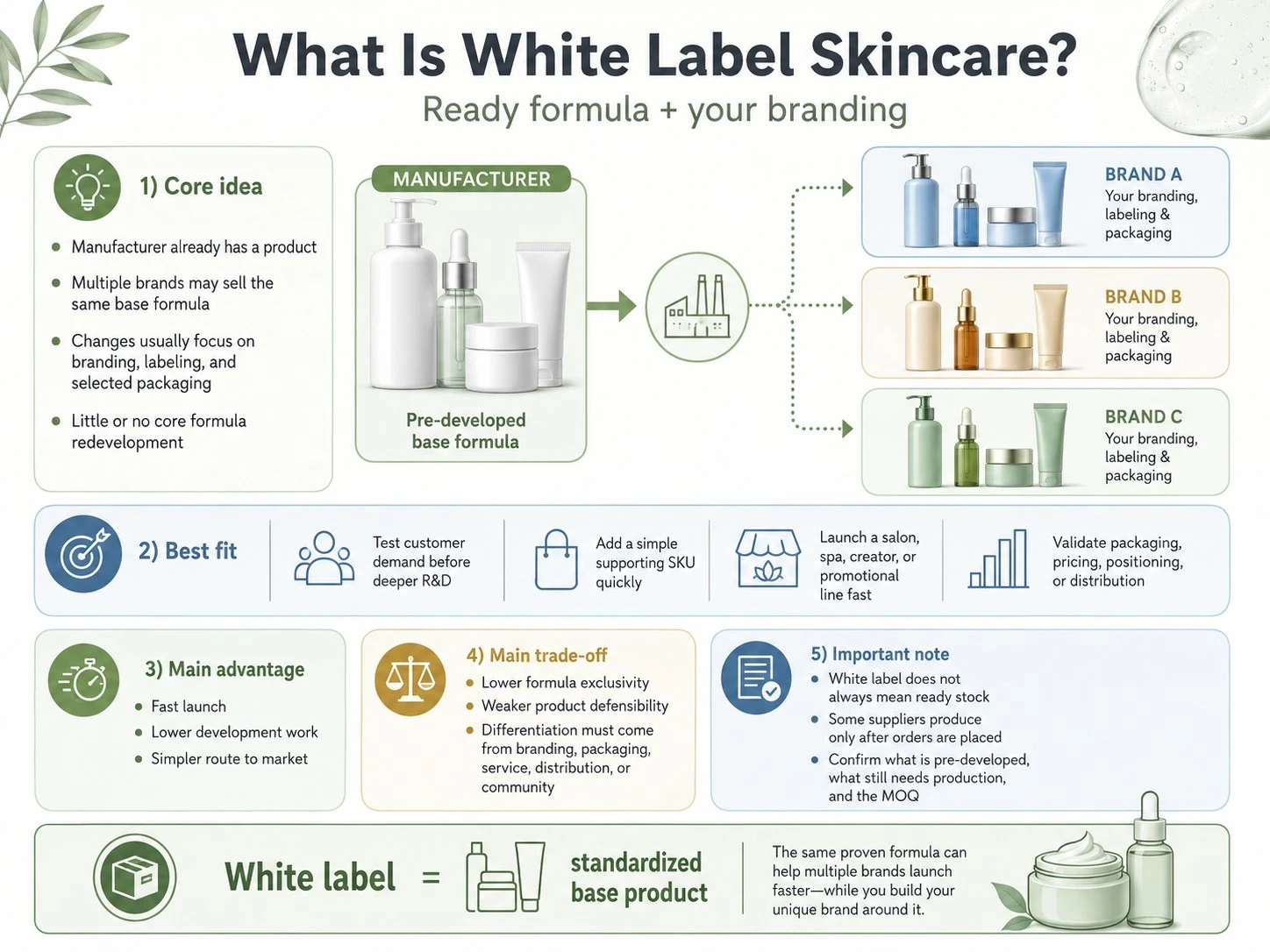 What Is White Label Skincare illustration showing ready formulas branding packaging fast launch and limited formula exclusivity - Zicail Beauty What Is White Label Skincare illustration showing ready formulas branding packaging fast launch and limited formula exclusivity - Private Label vs White Label vs OEM vs ODM Skincare