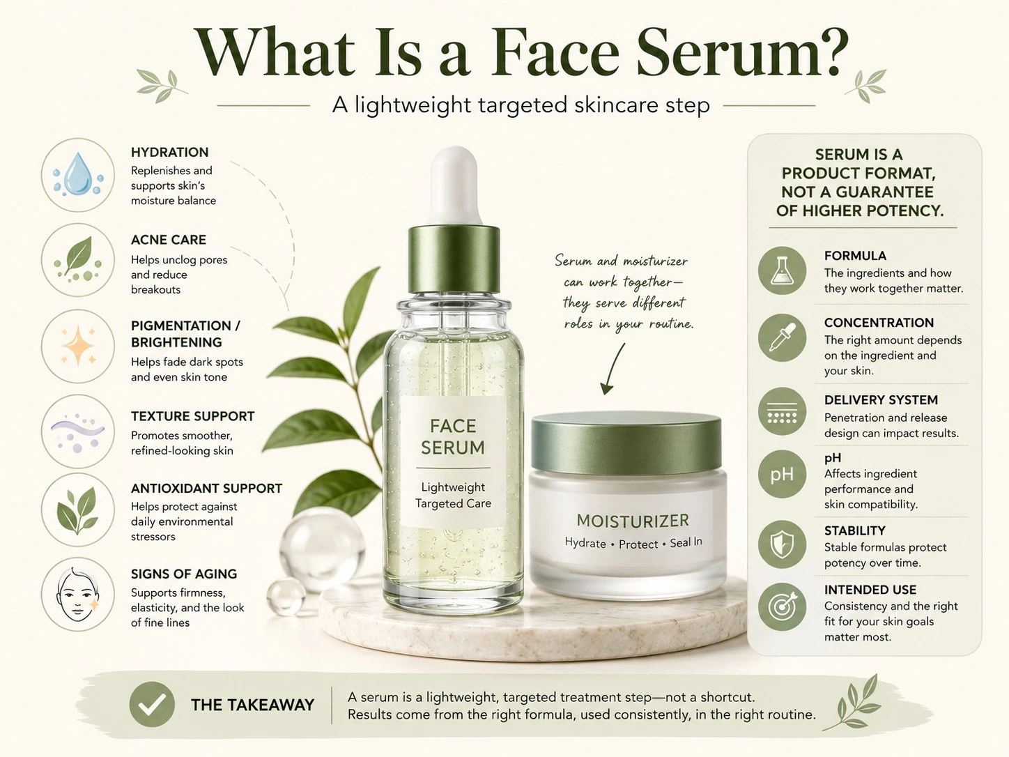 What Is a Face Serum illustration explaining targeted benefits formula factors and moisturizer differences - Zicail Beauty What Is a Face Serum illustration explaining targeted benefits formula factors and moisturizer differences - How to Choose a Face Serum for Your Skin & Concerns
