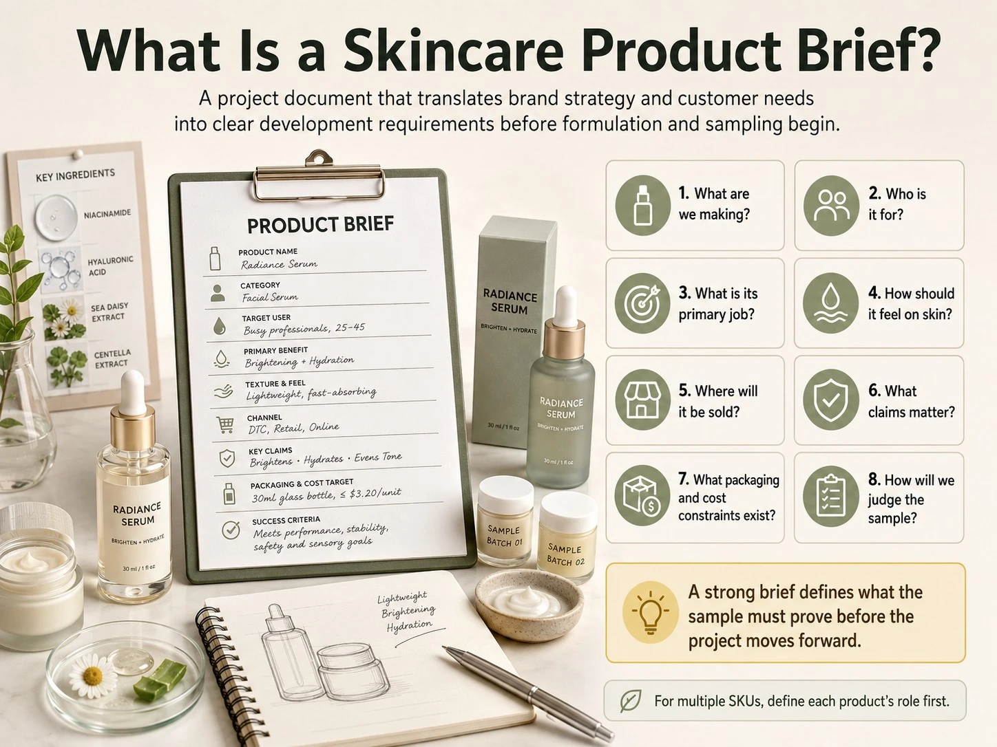 Illustration Qu’est-ce qu’un brief produit cosmétique montrant le document de projet, les besoins de la clientèle, les objectifs du produit et les critères d’acceptation des échantillons - Zicail Beauty Illustration Qu’est-ce qu’un brief produit cosmétique montrant le document de projet, les besoins de la clientèle, les objectifs du produit et les critères d’acceptation des échantillons - Comment rédiger un brief produit cosmétique pour un fabricant