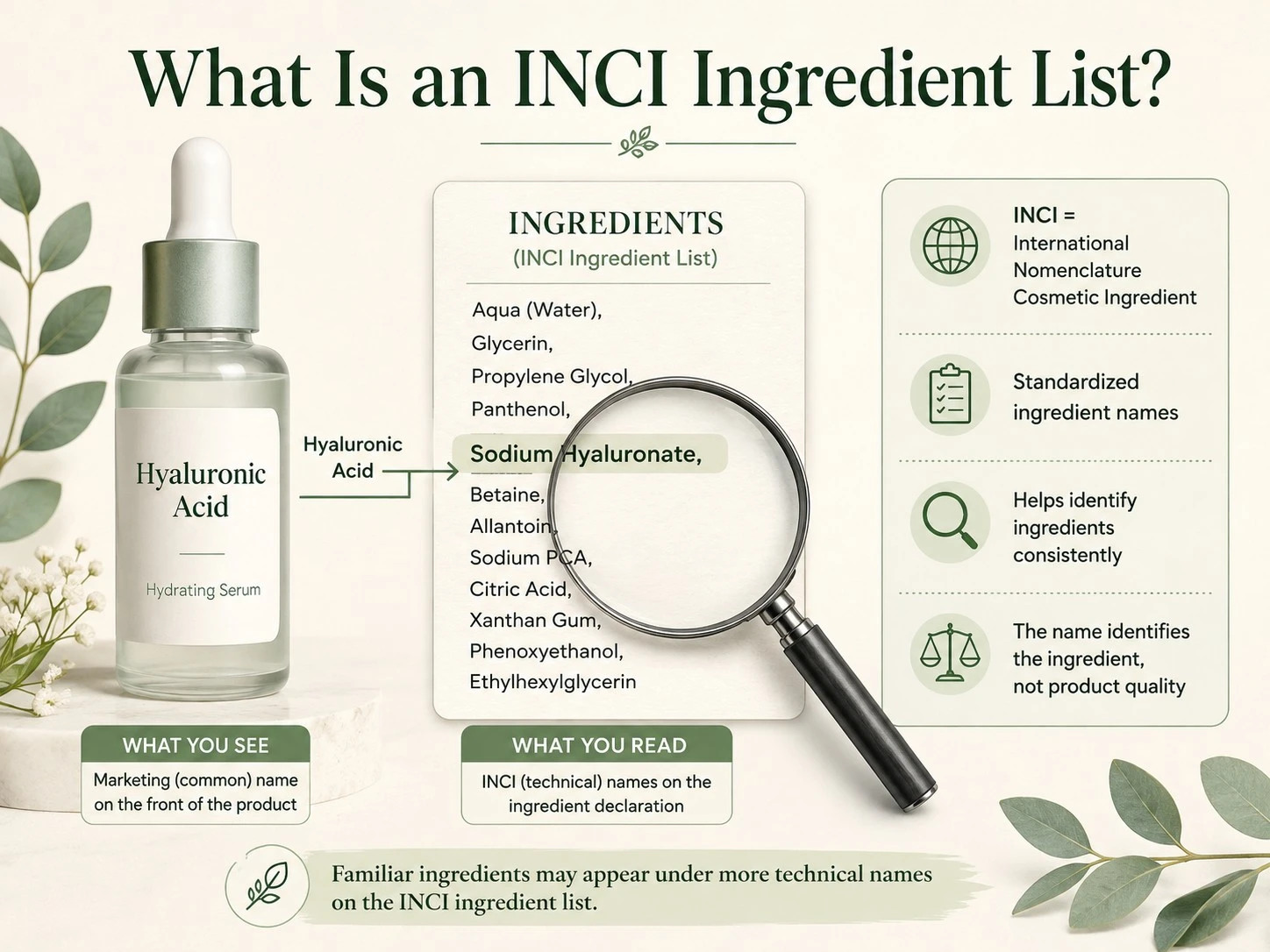 What Is an INCI Ingredient List illustration comparing marketing names with standardized ingredient names - Zicail Beauty What Is an INCI Ingredient List illustration comparing marketing names with standardized ingredient names - How to Read a Skincare Ingredient List