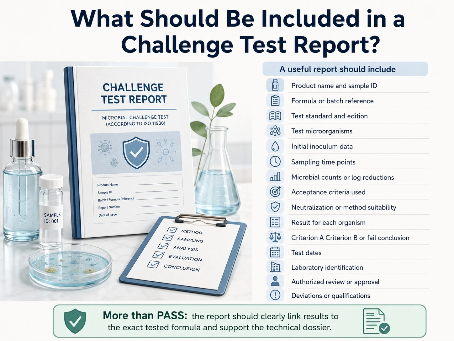 What Should Be Included in a Challenge Test Report illustration showing product identification microorganisms results criteria and approval - Zicail Beauty What Should Be Included in a Challenge Test Report illustration showing product identification microorganisms results criteria and approval - Preservative Challenge Testing for Cosmetics: What Brands Need