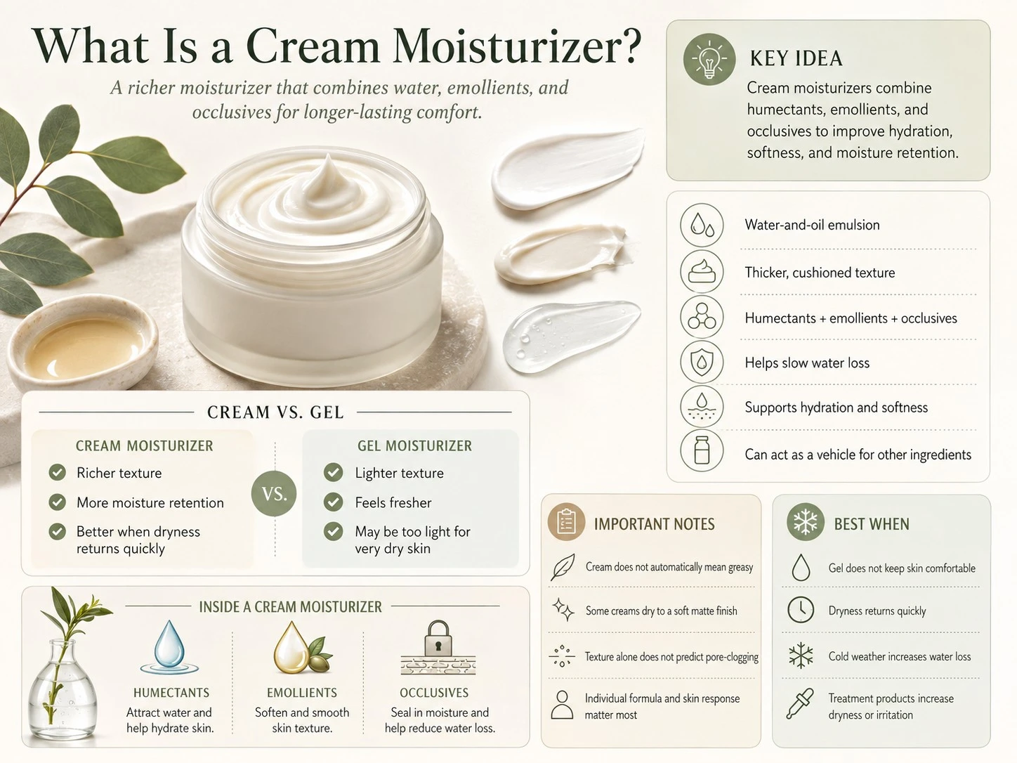What is a cream moisturizer infographic explaining emulsion structure moisture retention ingredients benefits and suitable conditions - Zicail Beauty What is a cream moisturizer infographic explaining emulsion structure moisture retention ingredients benefits and suitable conditions - Gel vs Cream Moisturizer: Which Is Better for Skin?