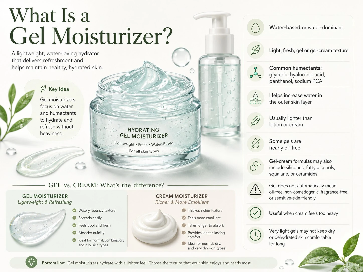 What is a gel moisturizer infographic explaining lightweight hydration humectants texture benefits and limitations - Zicail Beauty What is a gel moisturizer infographic explaining lightweight hydration humectants texture benefits and limitations - Gel vs Cream Moisturizer: Which Is Better for Skin?