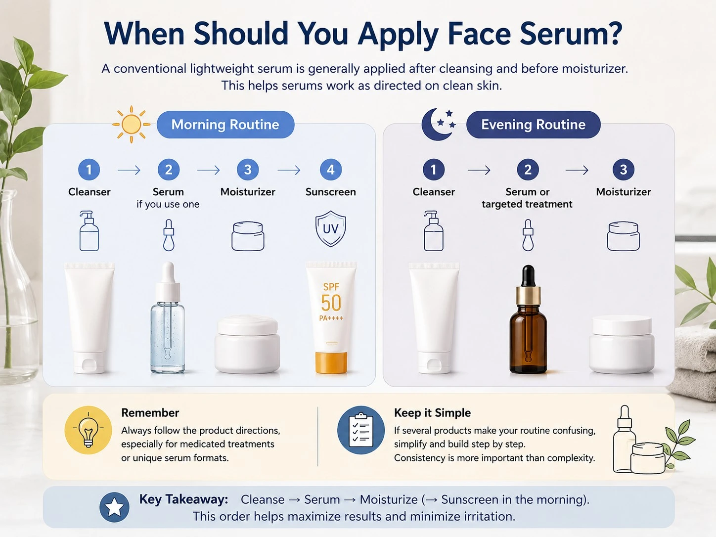 When Should You Apply Face Serum illustration showing morning and evening skincare routine order - Zicail Beauty When Should You Apply Face Serum illustration showing morning and evening skincare routine order - How to Choose a Face Serum for Your Skin & Concerns