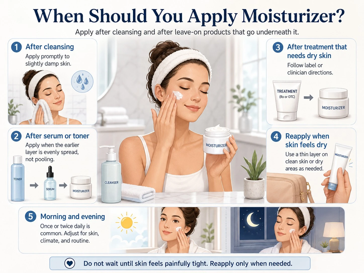 When Should You Apply Moisturizer illustration showing damp skin serum treatment reapplication morning and evening timing - Zicail Beauty When Should You Apply Moisturizer illustration showing damp skin serum treatment reapplication morning and evening timing - How to Apply Moisturizer: Amount, Timing and Order
