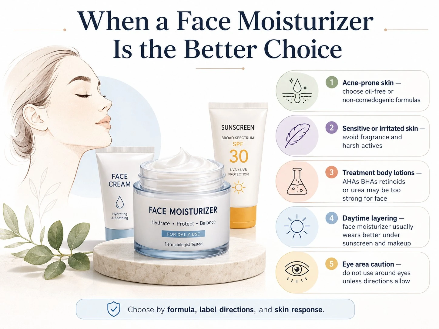Ilustração sobre quando o hidratante facial é a melhor opção, mostrando cuidados com acne, sensibilidade, loções ativas, aplicação em camadas durante o dia e área dos olhos - Zicail Beauty Ilustração sobre quando o hidratante facial é a melhor opção, mostrando cuidados com acne, sensibilidade, loções ativas, aplicação em camadas durante o dia e área dos olhos - Pode usar loção corporal no rosto? Riscos e dicas