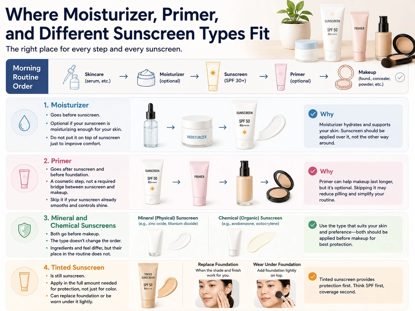 Where Moisturizer Primer and Different Sunscreen Types Fit illustration showing moisturizer sunscreen primer makeup and tinted sunscreen order - Zicail Beauty Where Moisturizer Primer and Different Sunscreen Types Fit illustration showing moisturizer sunscreen primer makeup and tinted sunscreen order - Sunscreen Before or After Makeup? The Correct Order