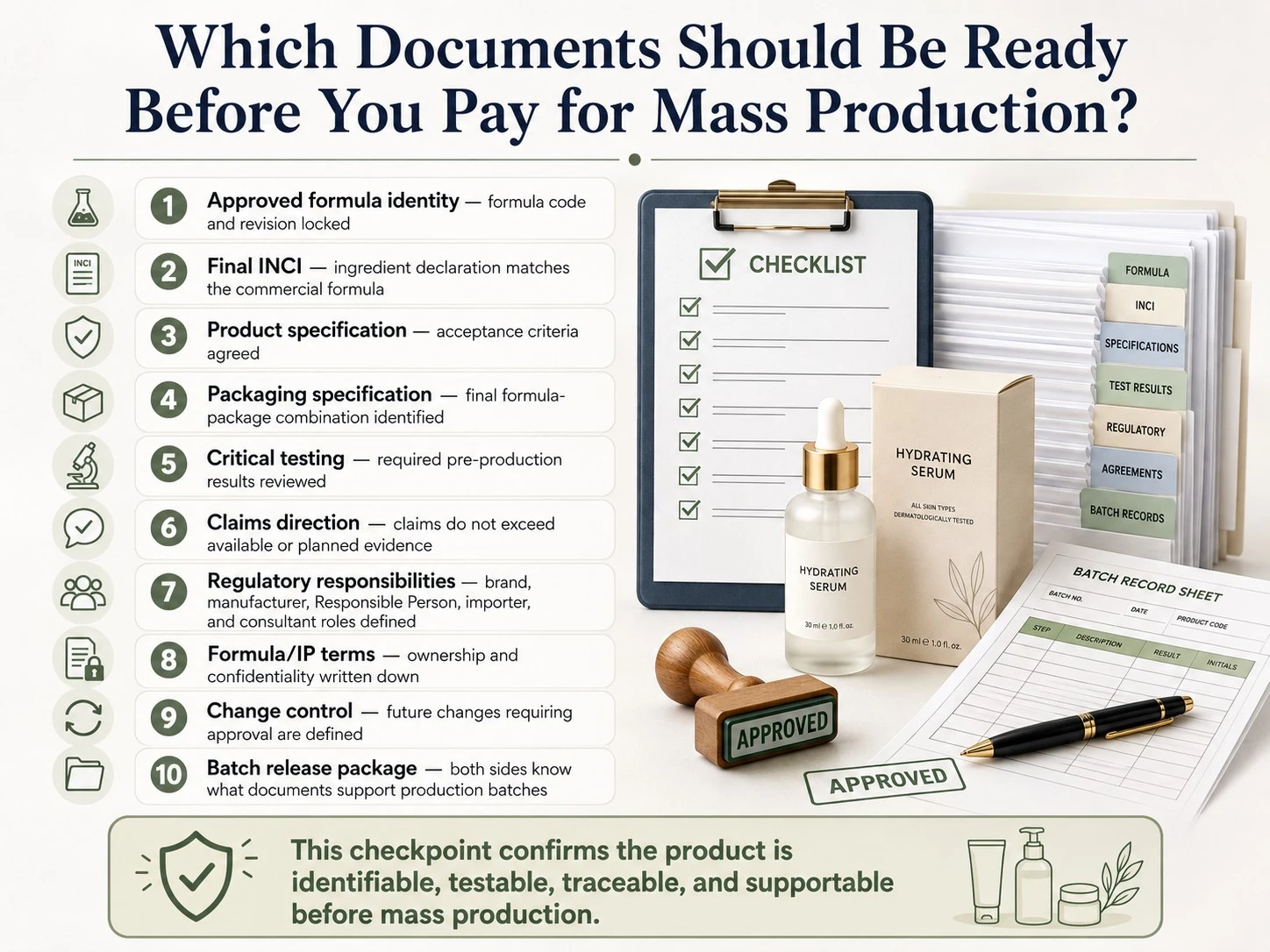Which Documents Should Be Ready Before You Pay for Mass Production illustration showing formula testing packaging and approval records - Zicail Beauty Which Documents Should Be Ready Before You Pay for Mass Production illustration showing formula testing packaging and approval records - What Documents Should a Skincare Manufacturer Provide?