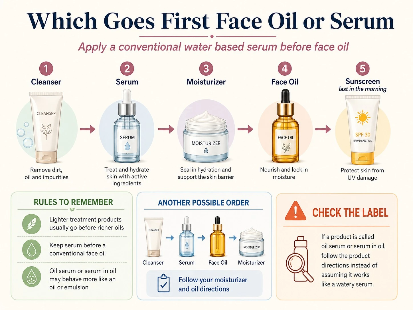 Which Goes First Face Oil or Serum showing cleanser serum moisturizer face oil and sunscreen routine order - Zicail Beauty Which Goes First Face Oil or Serum showing cleanser serum moisturizer face oil and sunscreen routine order - Face Oil vs Serum: Differences, Benefits & Which to Use