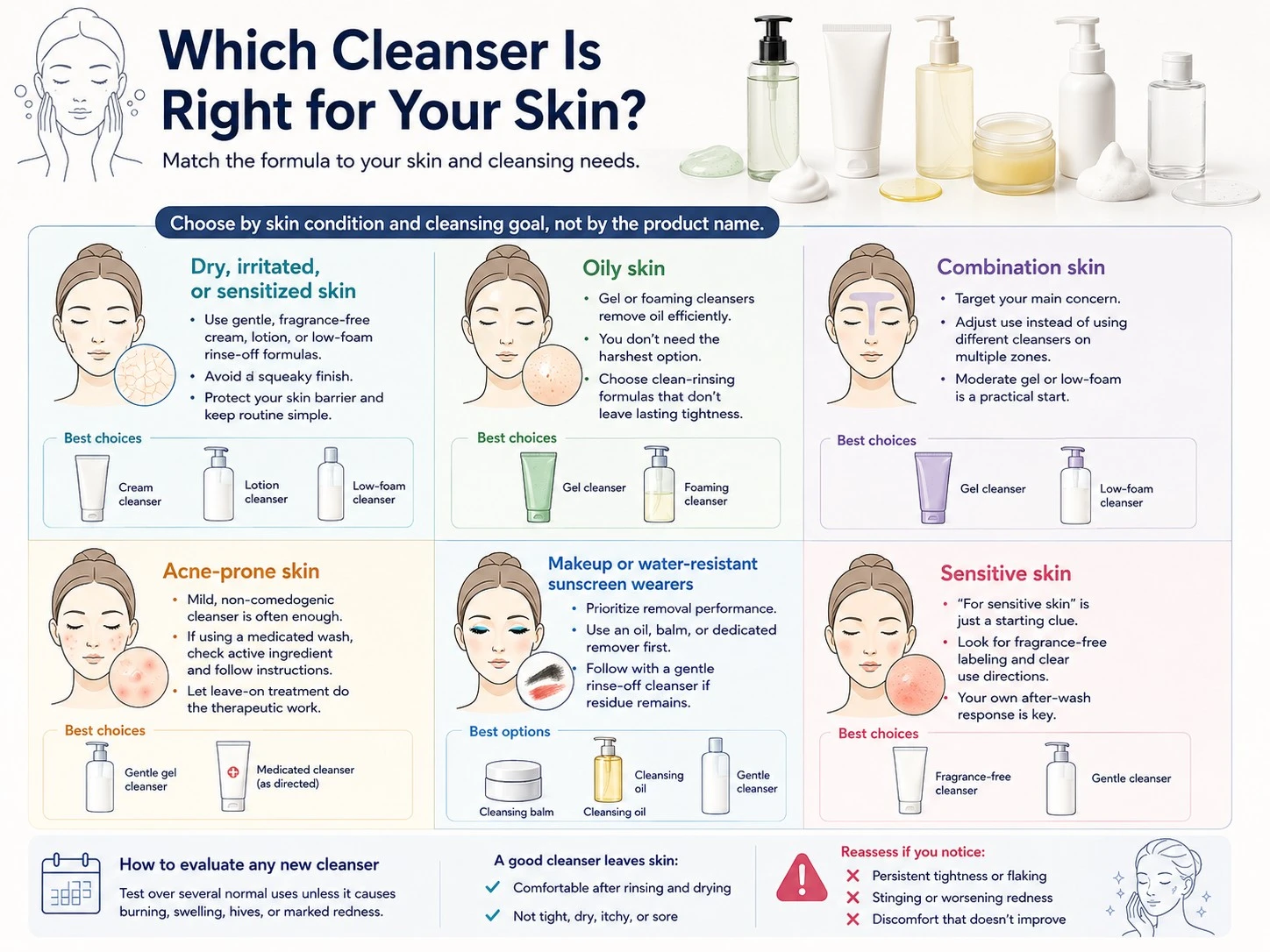 Which Should You Choose for Your Skin illustration showing cleanser choices for dry oily acne sensitive and makeup users - Zicail Beauty Which Should You Choose for Your Skin illustration showing cleanser choices for dry oily acne sensitive and makeup users - Face Wash vs Cleanser: Differences and How to Choose