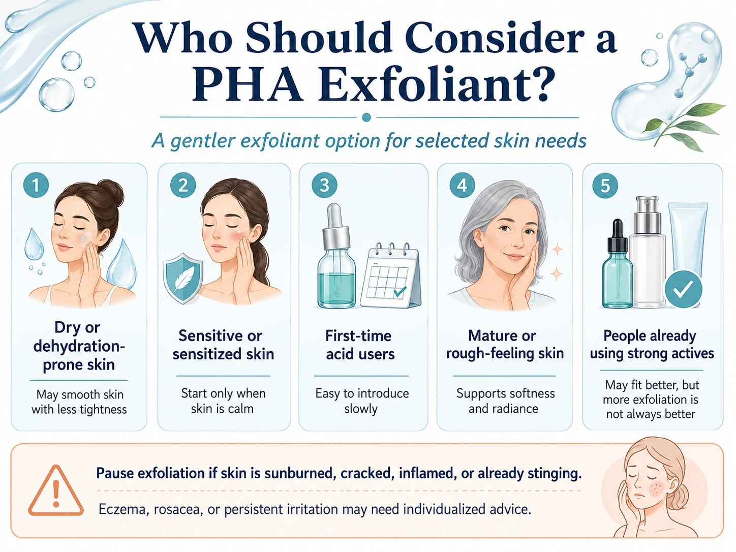 Who Should Consider a PHA Exfoliant illustration showing dry sensitive beginner mature and strong active skincare users - Zicail Beauty Who Should Consider a PHA Exfoliant illustration showing dry sensitive beginner mature and strong active skincare users - PHA for Skin: Benefits, Uses, Safety and AHA vs BHA