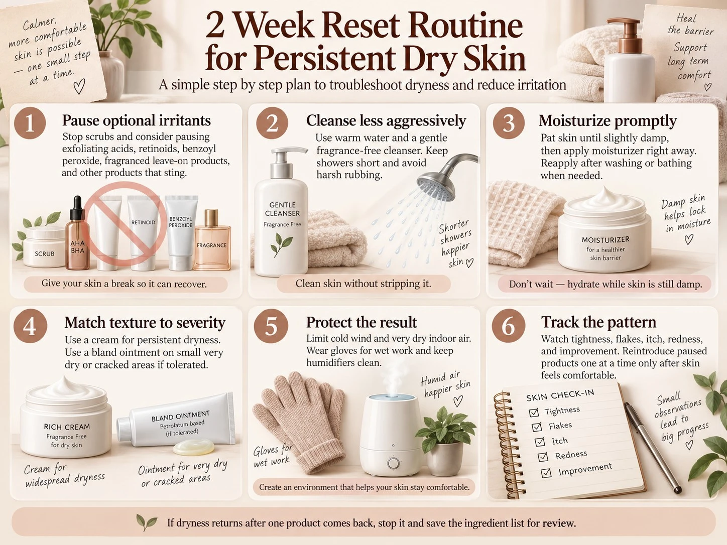 2 Week Reset Routine for Persistent Dry Skin six step troubleshooting illustration - Zicail Beauty 2 Week Reset Routine for Persistent Dry Skin six step troubleshooting illustration - Why Is My Skin Still Dry After Moisturizer? 7 Causes
