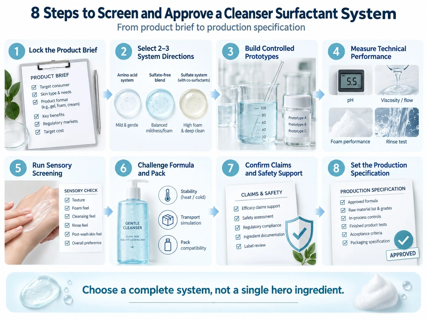 8 Steps to Screen and Approve a Cleanser Surfactant System illustration showing brief prototypes testing pack and specification - Zicail Beauty 8 Steps to Screen and Approve a Cleanser Surfactant System illustration showing brief prototypes testing pack and specification - How to Choose Surfactants for Private Label Cleansers