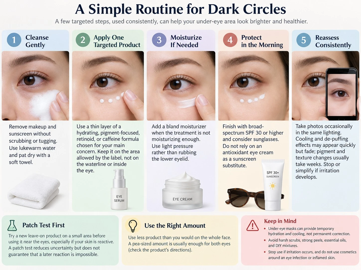 A Simple Routine for Dark Circles illustration showing cleansing targeted eye product moisturizer SPF and reassessment - Zicail Beauty A Simple Routine for Dark Circles illustration showing cleansing targeted eye product moisturizer SPF and reassessment - Dark Circles Under Eyes: Causes and What Skincare Can Do