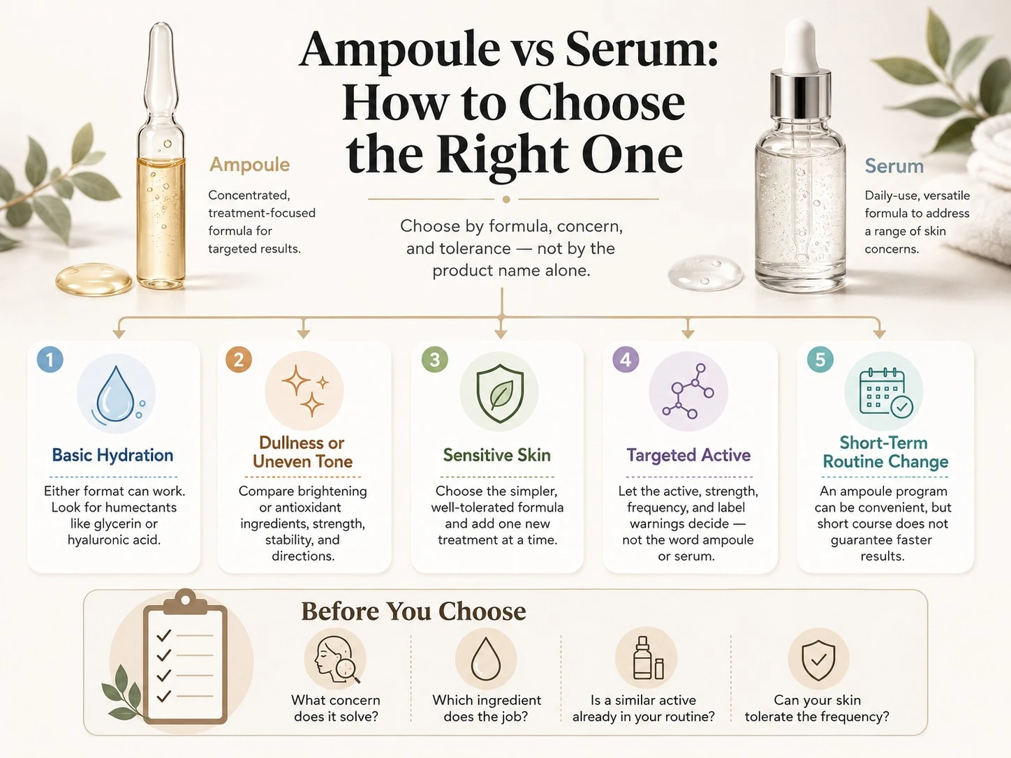 Ampoule vs Serum How to Choose the Right One illustration showing hydration tone sensitivity targeted actives and routine changes - Zicail Beauty Ampoule vs Serum How to Choose the Right One illustration showing hydration tone sensitivity targeted actives and routine changes - Ampoule vs Serum: Differences and How to Choose One
