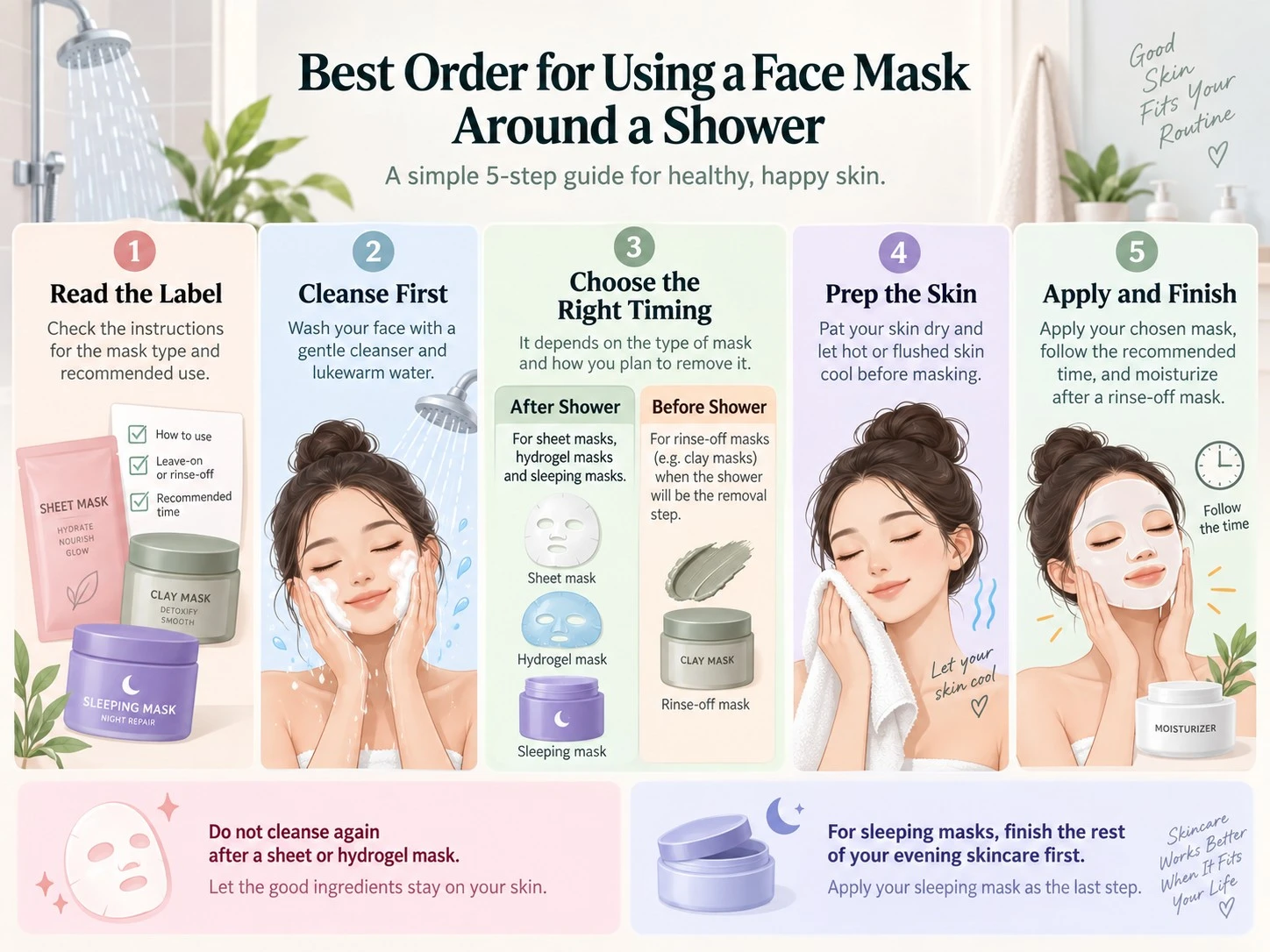 Best Order for Using a Face Mask Around a Shower illustration showing label cleanse timing prep and finish - Zicail Beauty Best Order for Using a Face Mask Around a Shower illustration showing label cleanse timing prep and finish - Face Mask Before or After a Shower? Best Skin Care Order