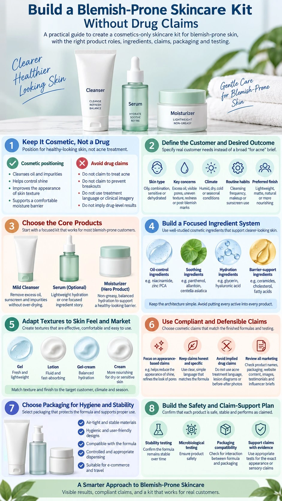 Build a Blemish Prone Skincare Kit Without Drug Claims products ingredients textures compliant claims packaging and testing infographic - Zicail Beauty Build a Blemish Prone Skincare Kit Without Drug Claims products ingredients textures compliant claims packaging and testing infographic - Build a Blemish-Prone Skincare Kit Without Drug Claims