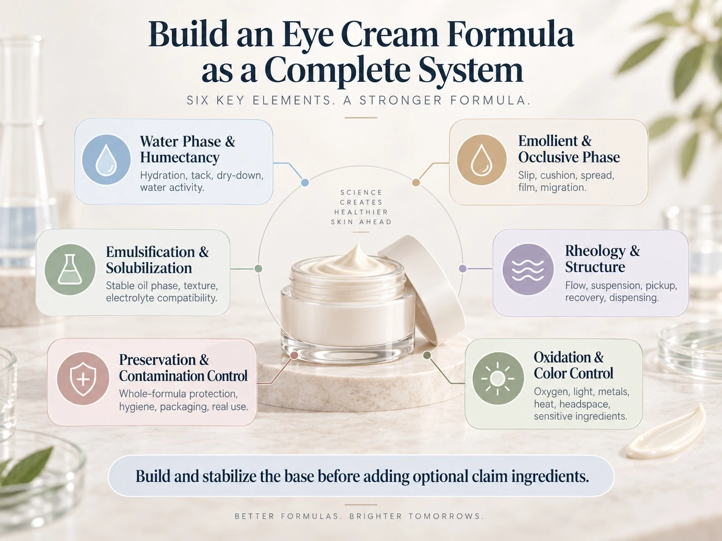 Build an Eye Cream Formula as a Complete System illustration showing hydration emollients emulsification rheology preservation and oxidation control - Zicail Beauty Build an Eye Cream Formula as a Complete System illustration showing hydration emollients emulsification rheology preservation and oxidation control - Eye Cream Formulation Guide for Private Label Brands