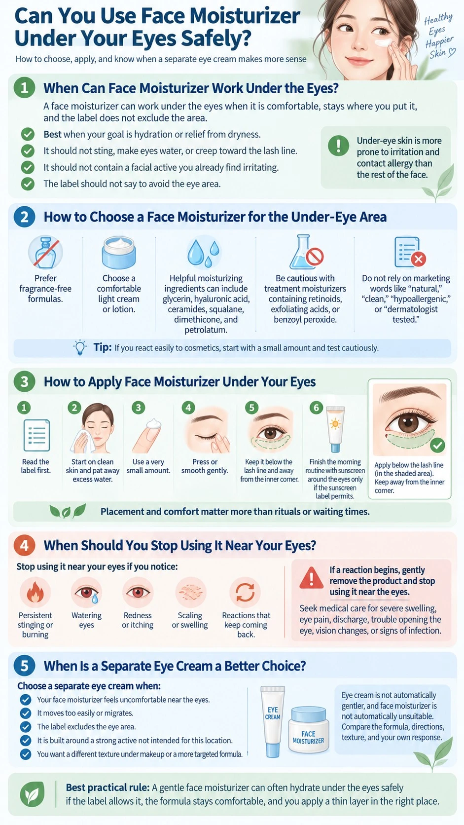 Infographie Peut-on utiliser une crème hydratante pour le visage sous les yeux en toute sécurité ? sur le choix de la formule, la zone d’application, les irritations et les alternatives avec crème contour des yeux - Zicail Beauty Infographie Peut-on utiliser une crème hydratante pour le visage sous les yeux en toute sécurité ? sur le choix de la formule, la zone d’application, les irritations et les alternatives avec crème contour des yeux - Peut-on utiliser une crème hydratante pour le visage sous les yeux en toute sécurité ?