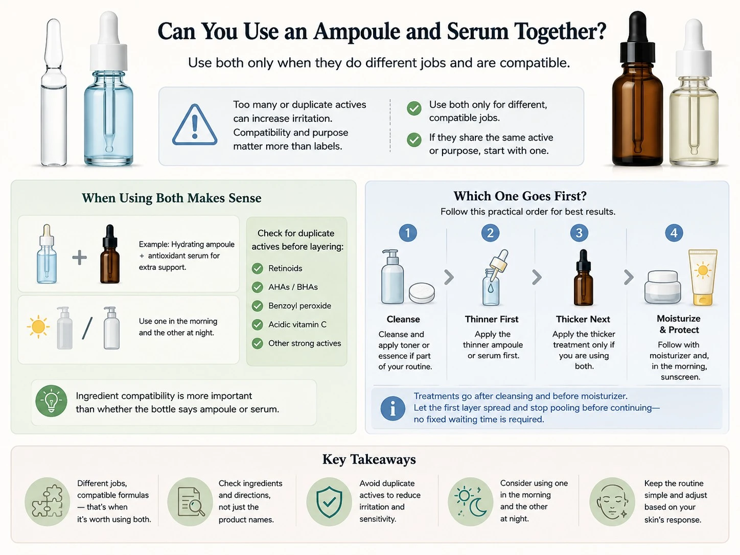 Can You Use an Ampoule and Serum Together illustration showing compatible layering order duplicate actives and morning night use - Zicail Beauty Can You Use an Ampoule and Serum Together illustration showing compatible layering order duplicate actives and morning night use - Ampoule vs Serum: Differences and How to Choose One