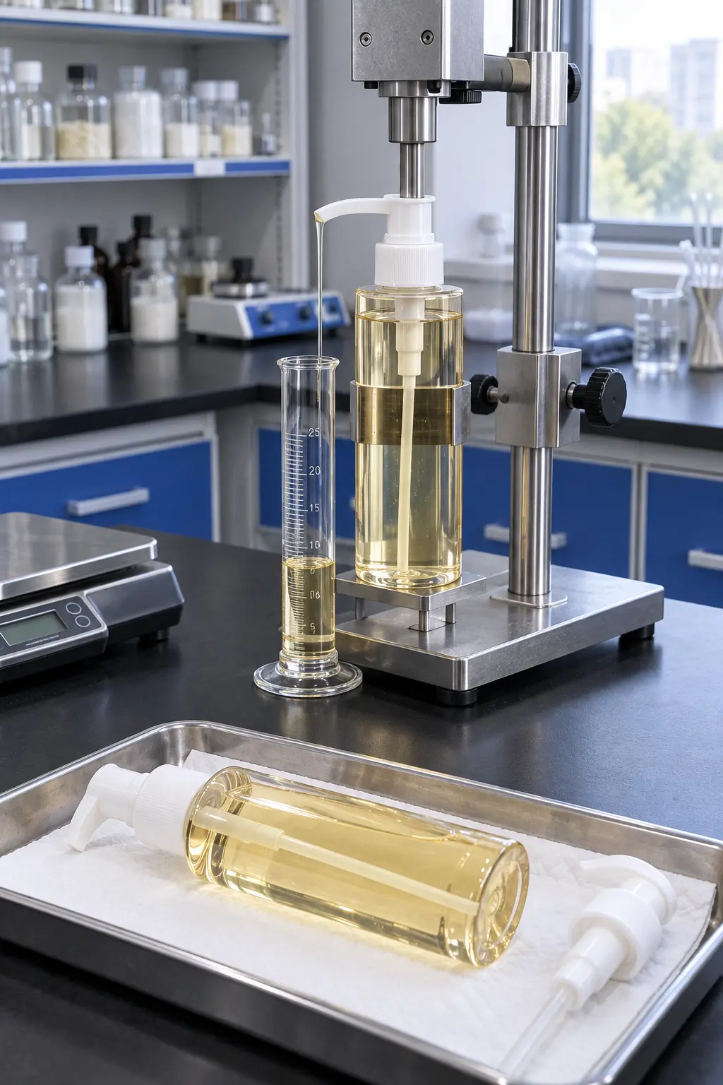 Cleansing oil pump output leakage and packaging compatibility testing in the ZICAIL laboratory