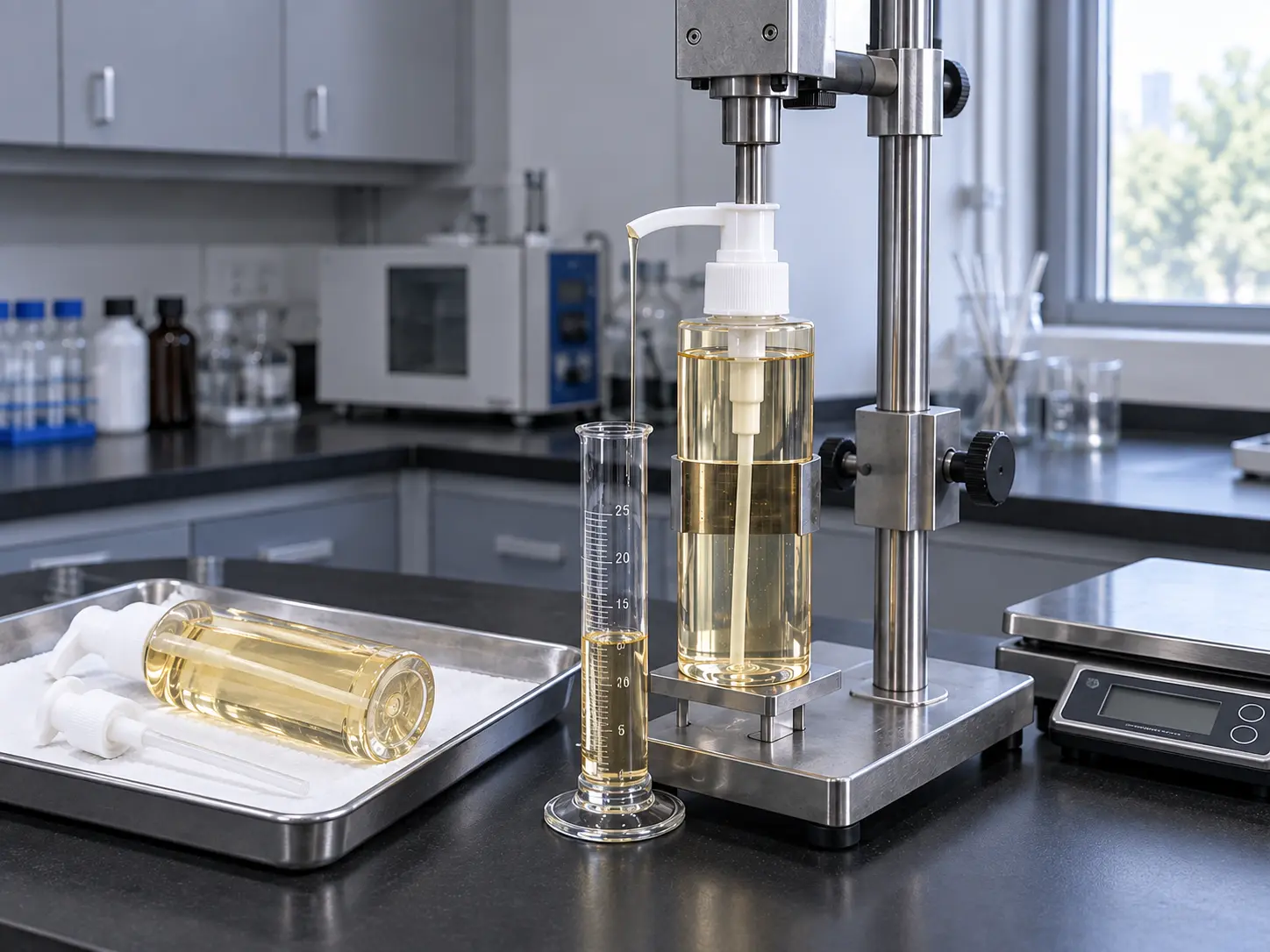 Cleansing oil pump output leakage and packaging compatibility testing in the ZICAIL laboratory