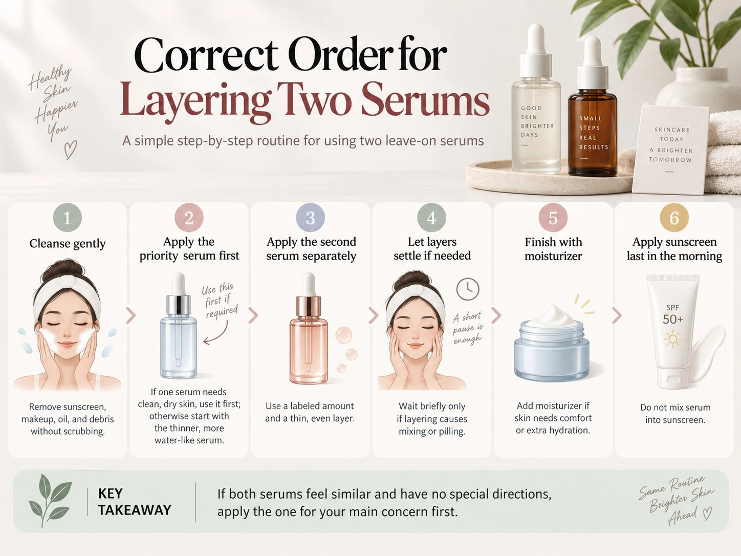 Correct Order for Layering Two Serums illustration showing cleansing priority serum second serum moisturizer and morning sunscreen - Zicail Beauty Correct Order for Layering Two Serums illustration showing cleansing priority serum second serum moisturizer and morning sunscreen - Can You Use Two Serums Together? Safe Layering Guide