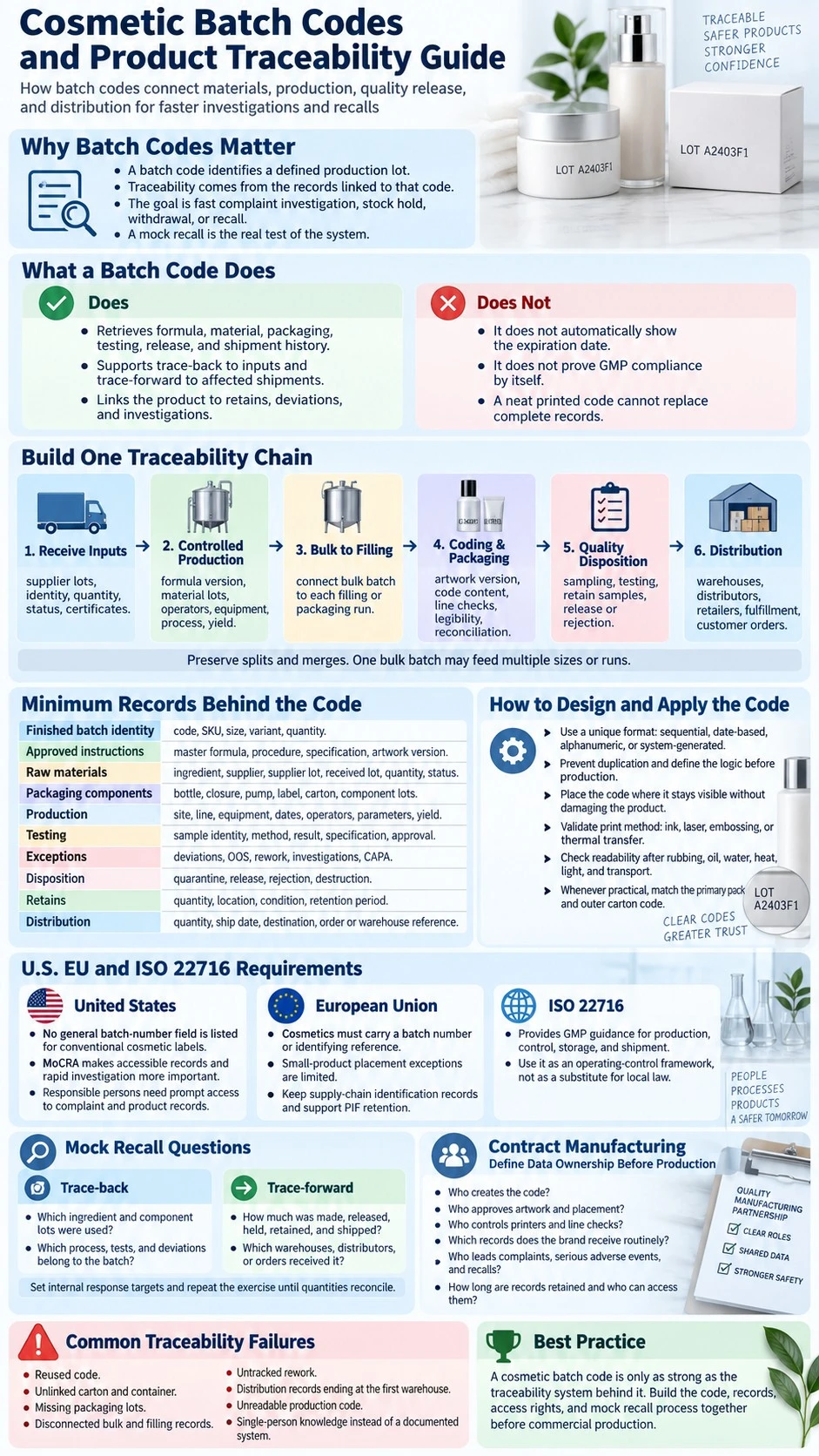 Cosmetic Batch Codes and Product Traceability Guide traceability records regulations mock recall and manufacturing infographic - Zicail Beauty Cosmetic Batch Codes and Product Traceability Guide traceability records regulations mock recall and manufacturing infographic - Cosmetic Batch Codes and Product Traceability Guide