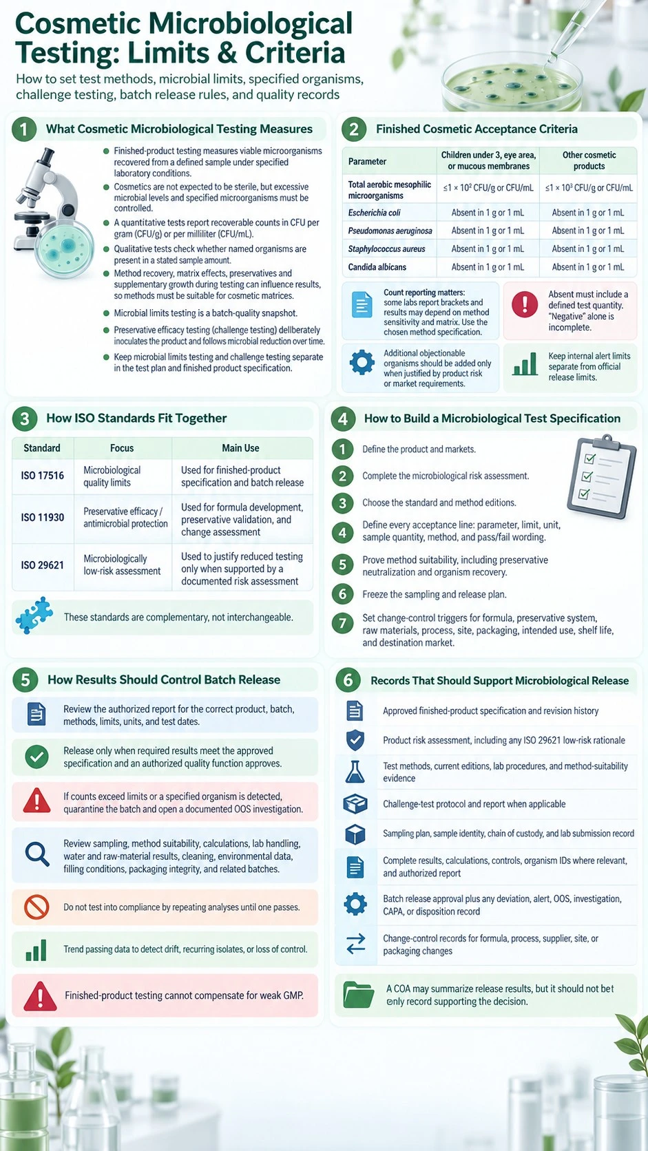 Cosmetic Microbiological Testing Limits and Criteria acceptance criteria ISO standards batch release and quality records infographic - Zicail Beauty Cosmetic Microbiological Testing Limits and Criteria acceptance criteria ISO standards batch release and quality records infographic - Cosmetic Microbiological Testing: Limits & Criteria
