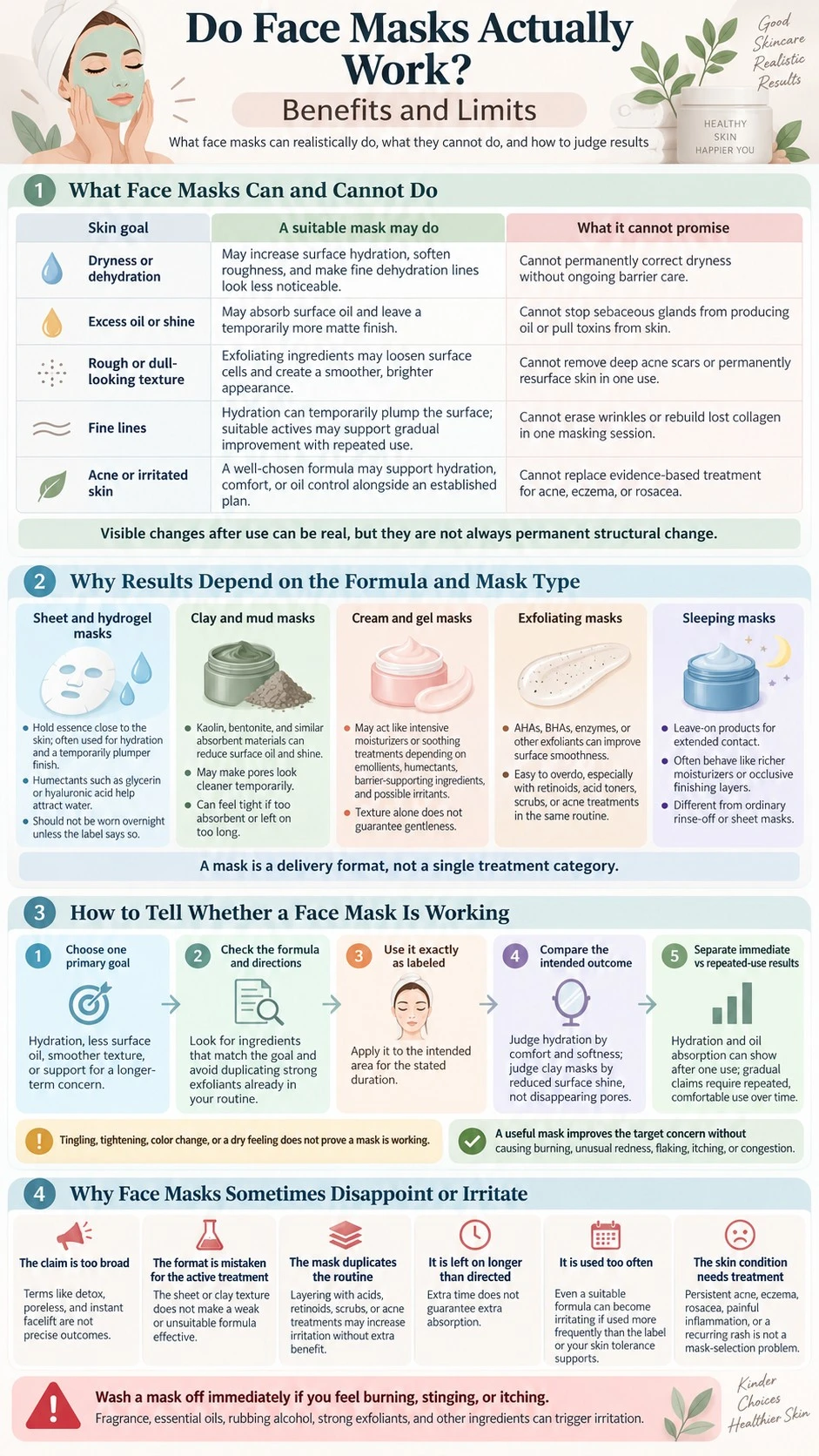Do Face Masks Actually Work Benefits and Limits infographic covering realistic benefits formula types results and irritation risks - Zicail Beauty Do Face Masks Actually Work Benefits and Limits infographic covering realistic benefits formula types results and irritation risks - Do Face Masks Actually Work? Benefits and Limits