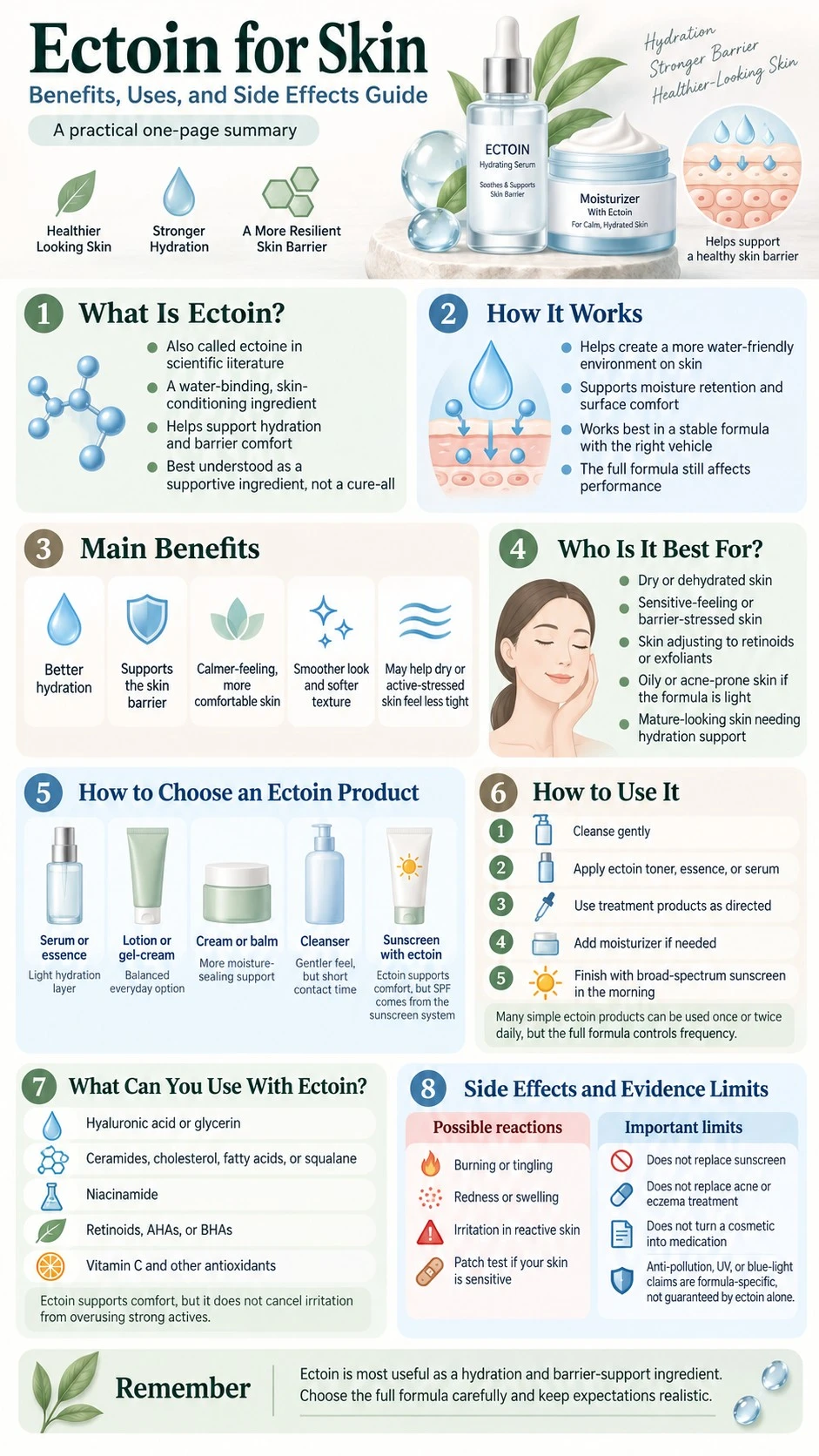 Ectoin for Skin Benefits Uses and Side Effects Guide infographic covering hydration barrier support product choice routine pairings and limits - Zicail Beauty Ectoin for Skin Benefits Uses and Side Effects Guide infographic covering hydration barrier support product choice routine pairings and limits - Ectoin for Skin: Benefits, Uses, and Side Effects Guide