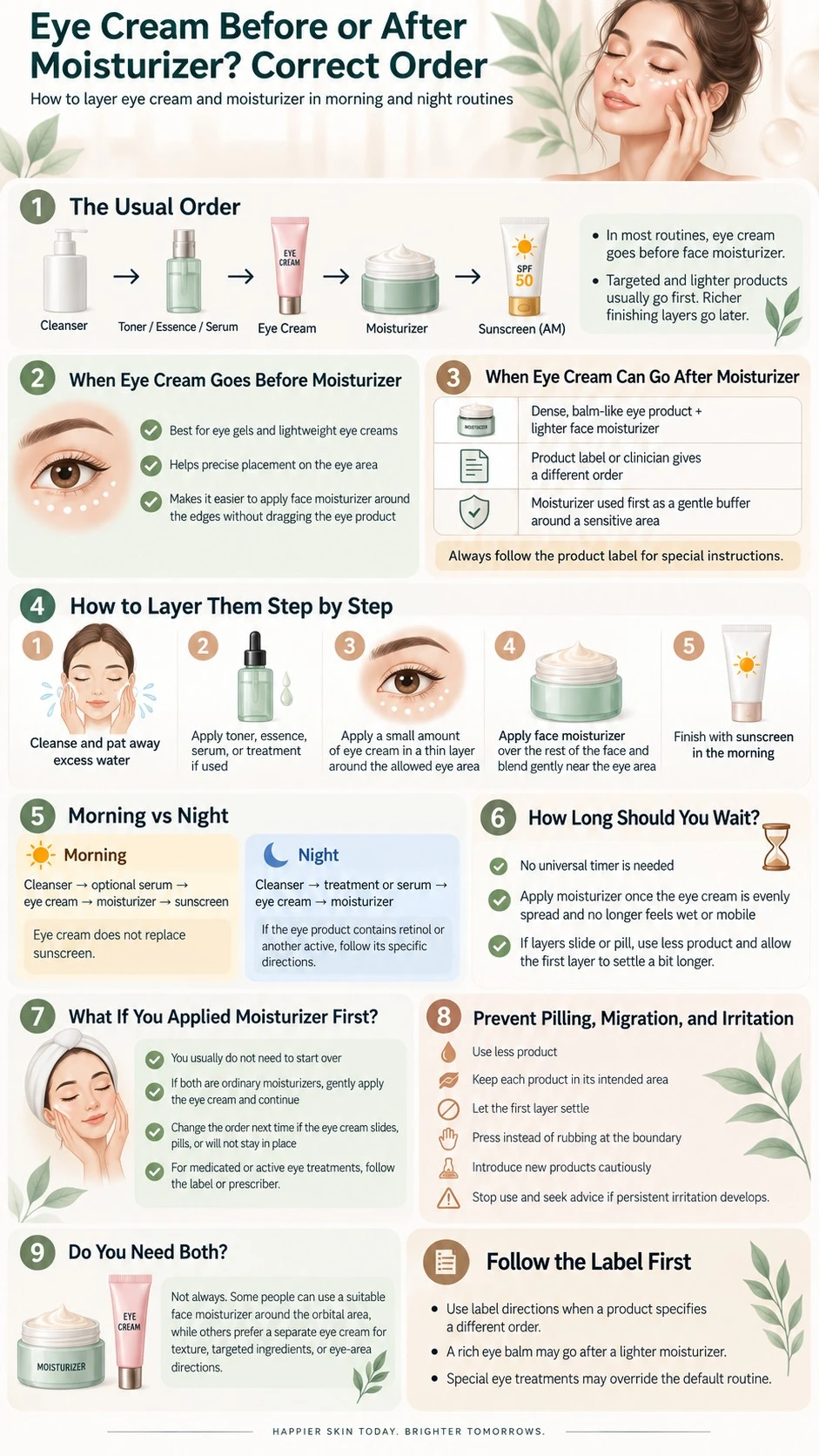 Eye Cream Before or After Moisturizer Correct Order infographic covering morning night order exceptions wait time and pilling prevention - Zicail Beauty Eye Cream Before or After Moisturizer Correct Order infographic covering morning night order exceptions wait time and pilling prevention - Eye Cream Before or After Moisturizer? Correct Order