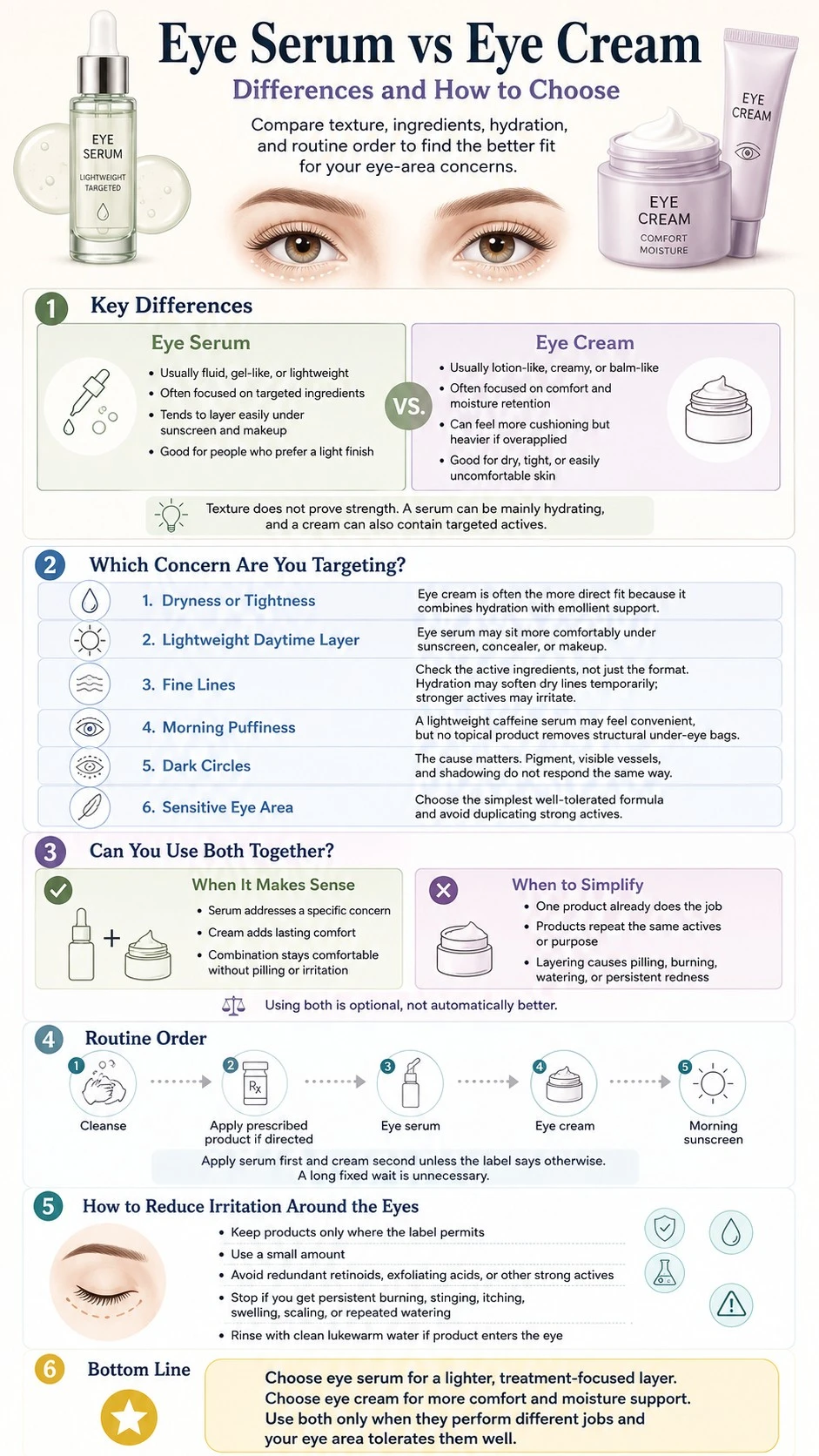 Eye Serum vs Eye Cream Differences and How to Choose infographic covering texture concerns layering and irritation - Zicail Beauty Eye Serum vs Eye Cream Differences and How to Choose infographic covering texture concerns layering and irritation - Eye Serum vs Eye Cream: Differences and How to Choose