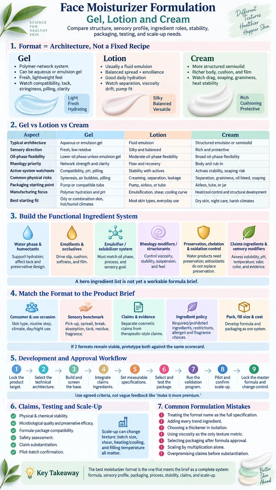 Face Moisturizer Formulation Gel Lotion and Cream infographic covering structure ingredients packaging testing scale up and mistakes - Zicail Beauty Face Moisturizer Formulation Gel Lotion and Cream infographic covering structure ingredients packaging testing scale up and mistakes - Face Moisturizer Formulation: Gel, Lotion and Cream