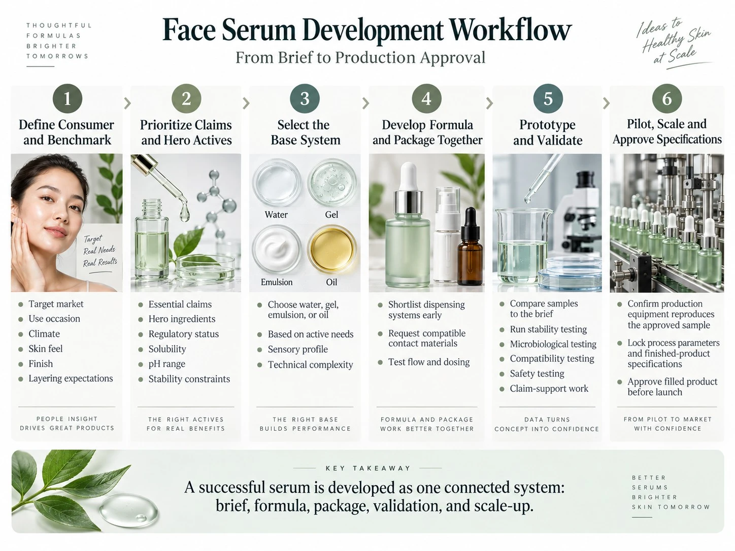 Face Serum Development Workflow illustration showing consumer brief hero actives base selection packaging validation scale up and production approval - Zicail Beauty Face Serum Development Workflow illustration showing consumer brief hero actives base selection packaging validation scale up and production approval - Face Serum Formulation Guide: 4 Base Types