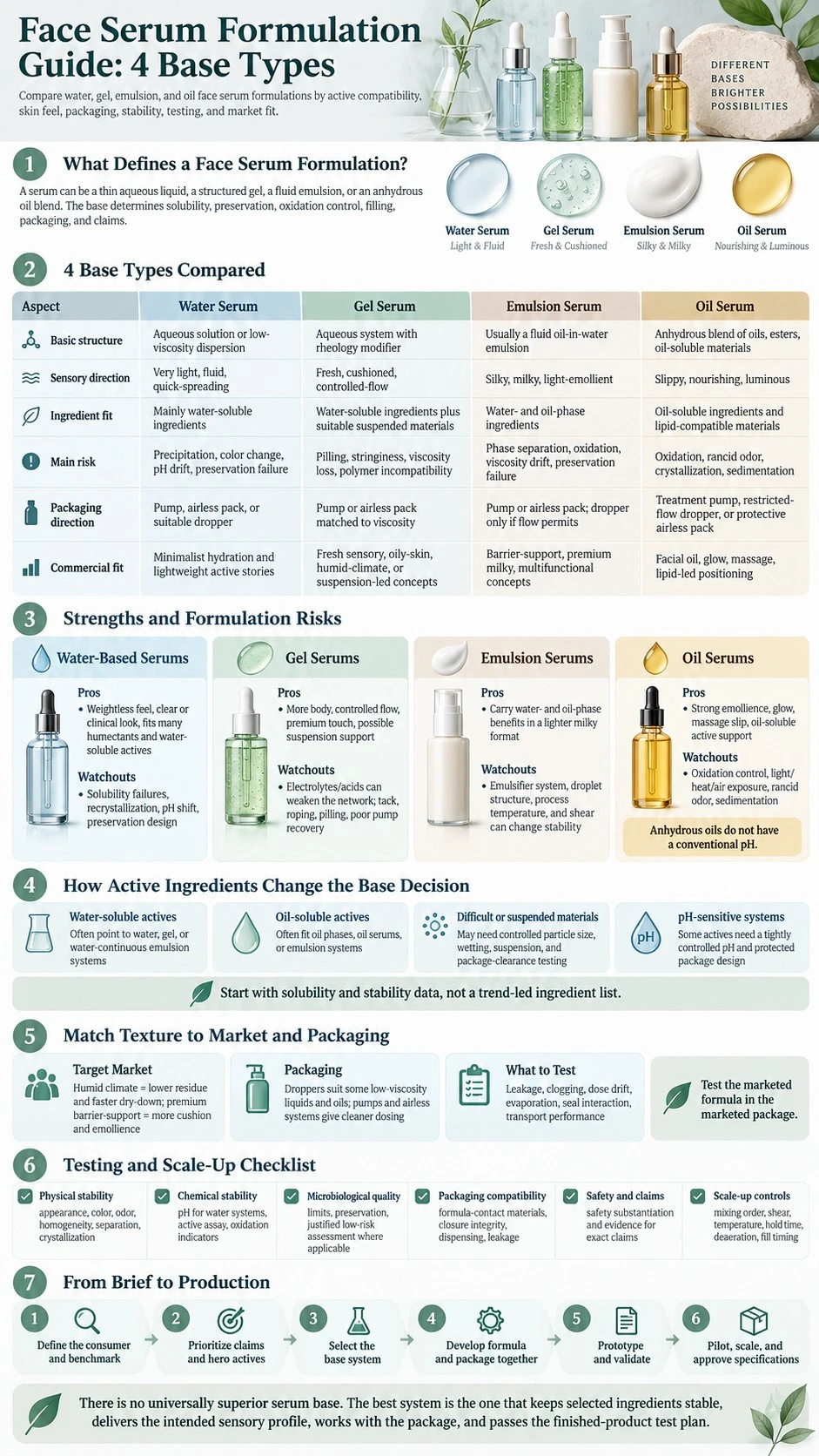 Face Serum Formulation Guide 4 Base Types infographic covering active compatibility packaging stability testing market fit and scale up - Zicail Beauty Face Serum Formulation Guide 4 Base Types infographic covering active compatibility packaging stability testing market fit and scale up - Face Serum Formulation Guide: 4 Base Types