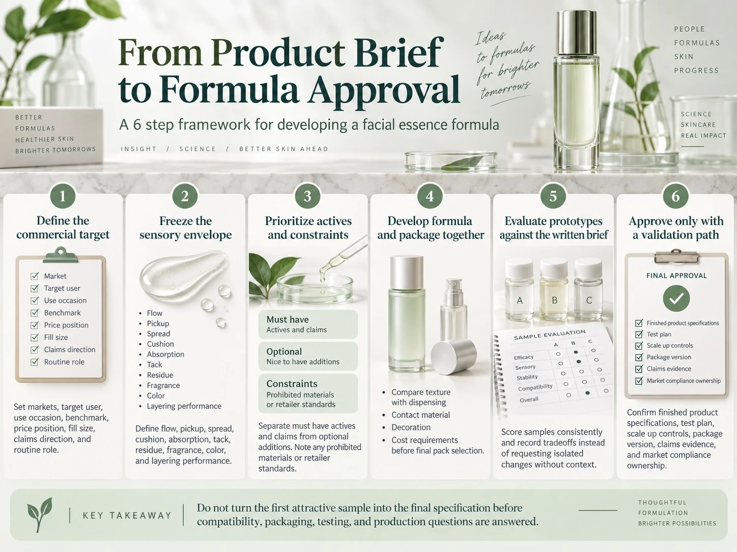 From Product Brief to Formula Approval six step formulation workflow illustration - Zicail Beauty From Product Brief to Formula Approval six step formulation workflow illustration - Facial Essence Formulation: Texture, Actives & Stability