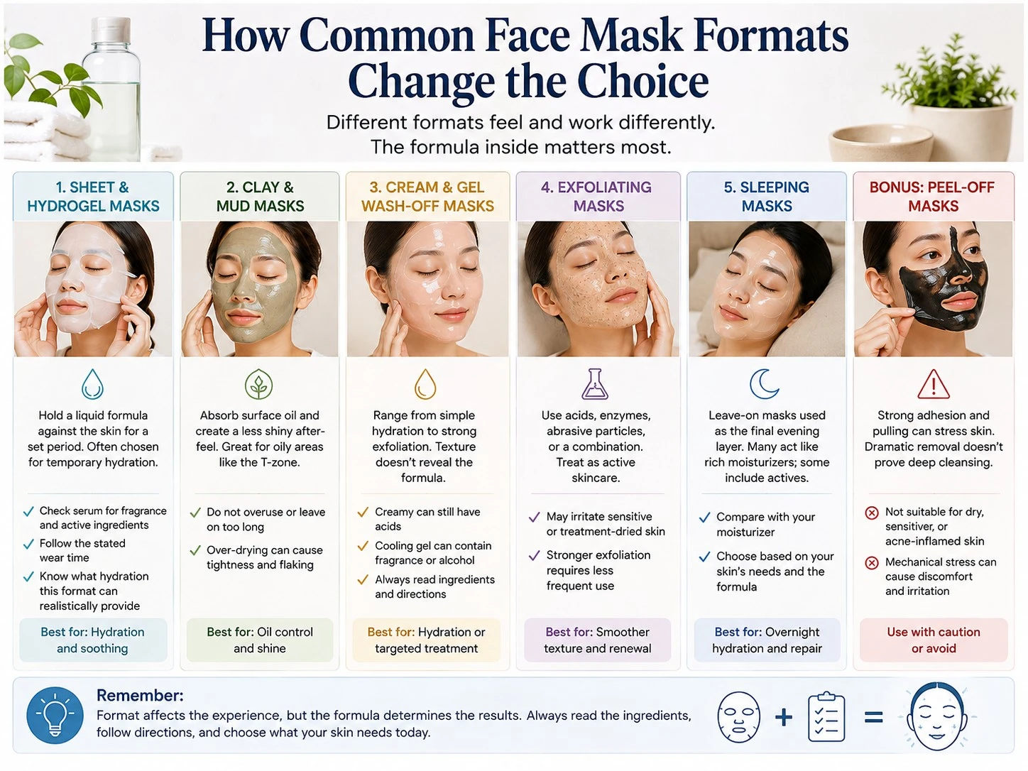 How Common Face Mask Formats Change the Choice illustration showing sheet clay cream exfoliating sleeping and peel off masks - Zicail Beauty How Common Face Mask Formats Change the Choice illustration showing sheet clay cream exfoliating sleeping and peel off masks - How to Choose a Face Mask for Your Skin Type and Needs