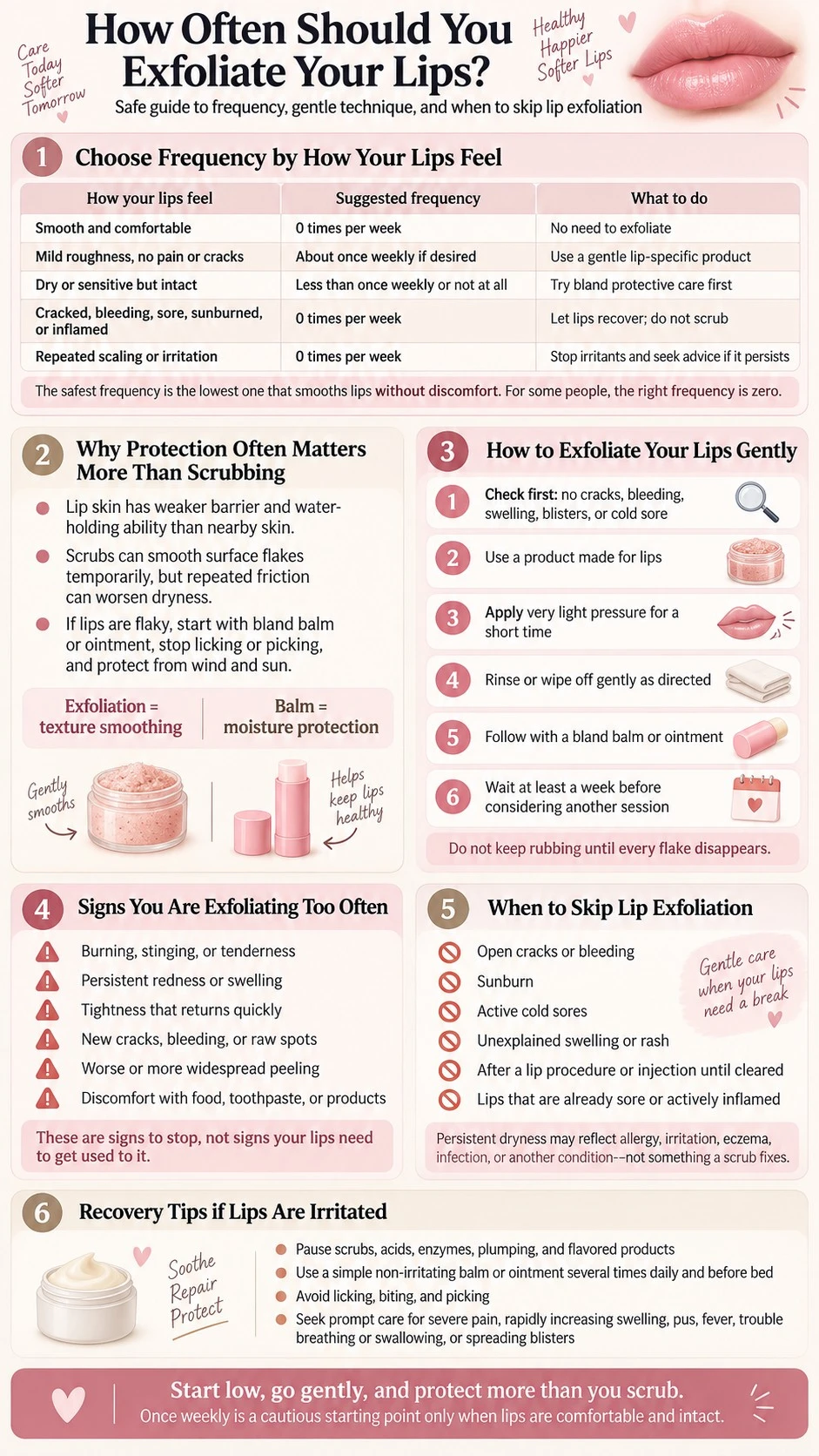 How Often Should You Exfoliate Your Lips Safe Guide infographic covering frequency gentle technique warning signs and recovery - Zicail Beauty How Often Should You Exfoliate Your Lips Safe Guide infographic covering frequency gentle technique warning signs and recovery - How Often Should You Exfoliate Your Lips? Safe Guide