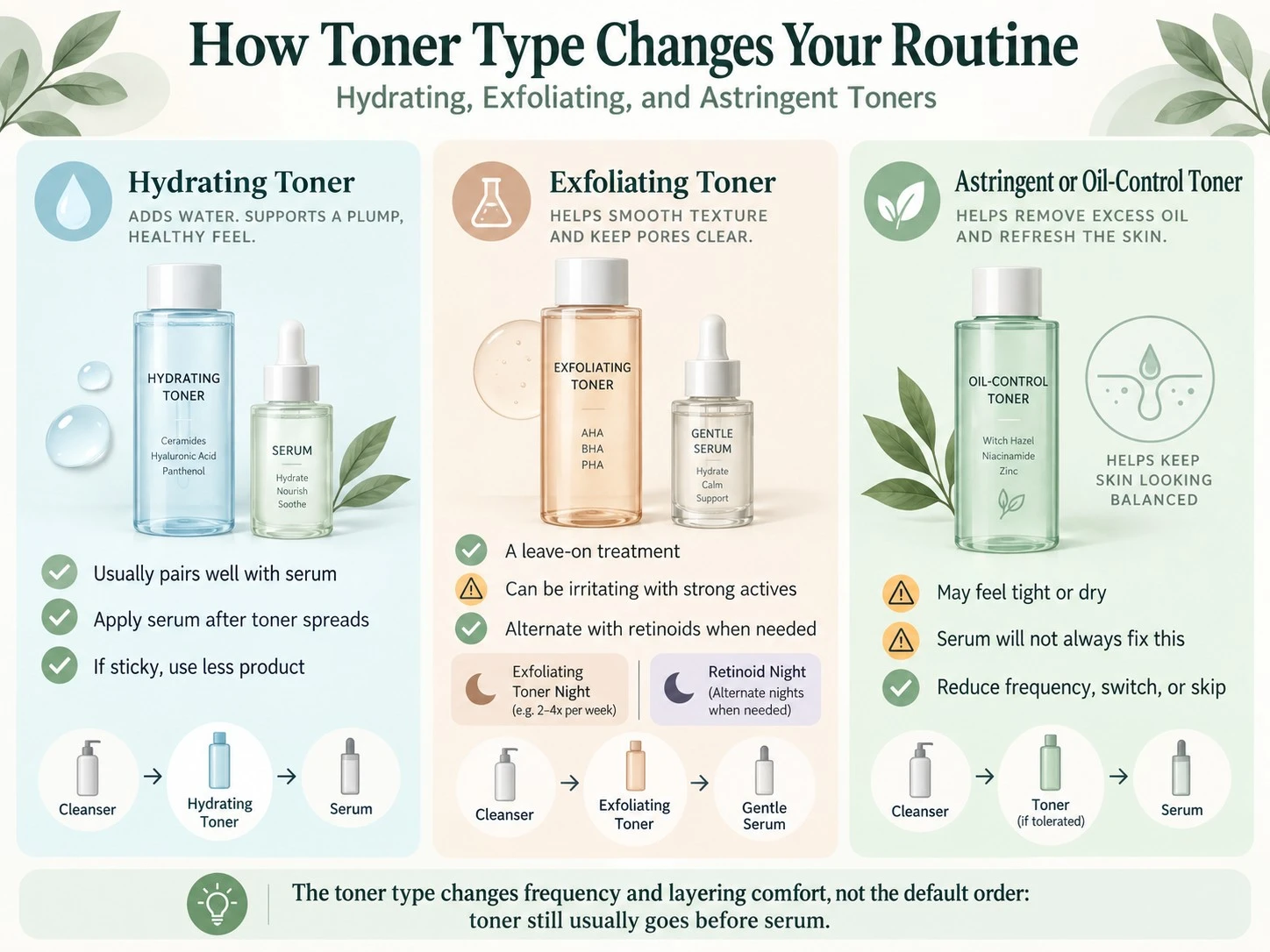 How Toner Type Changes Your Routine illustration showing hydrating exfoliating and oil control toner layering with serum - Zicail Beauty How Toner Type Changes Your Routine illustration showing hydrating exfoliating and oil control toner layering with serum - Toner Before or After Serum? Correct Skincare Order