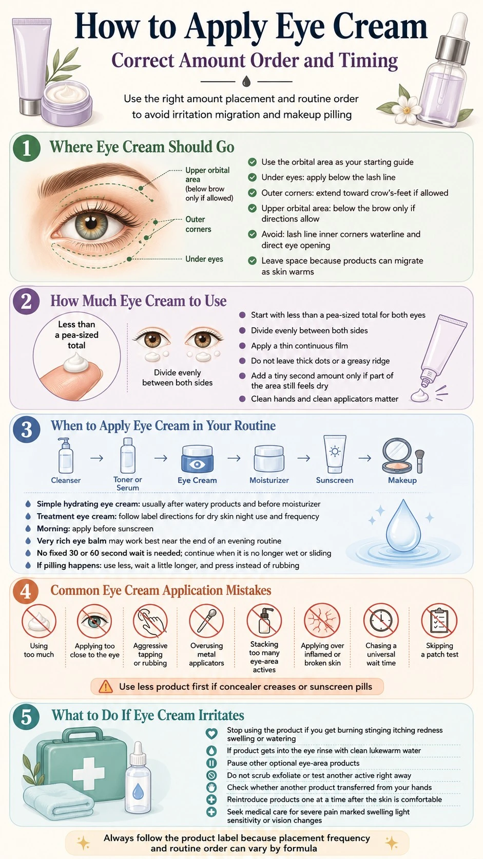 How to Apply Eye Cream Correct Amount Order and Timing infographic covering placement amount routine order mistakes and irritation - Zicail Beauty How to Apply Eye Cream Correct Amount Order and Timing infographic covering placement amount routine order mistakes and irritation - How to Apply Eye Cream: Correct Amount, Order, and Timing
