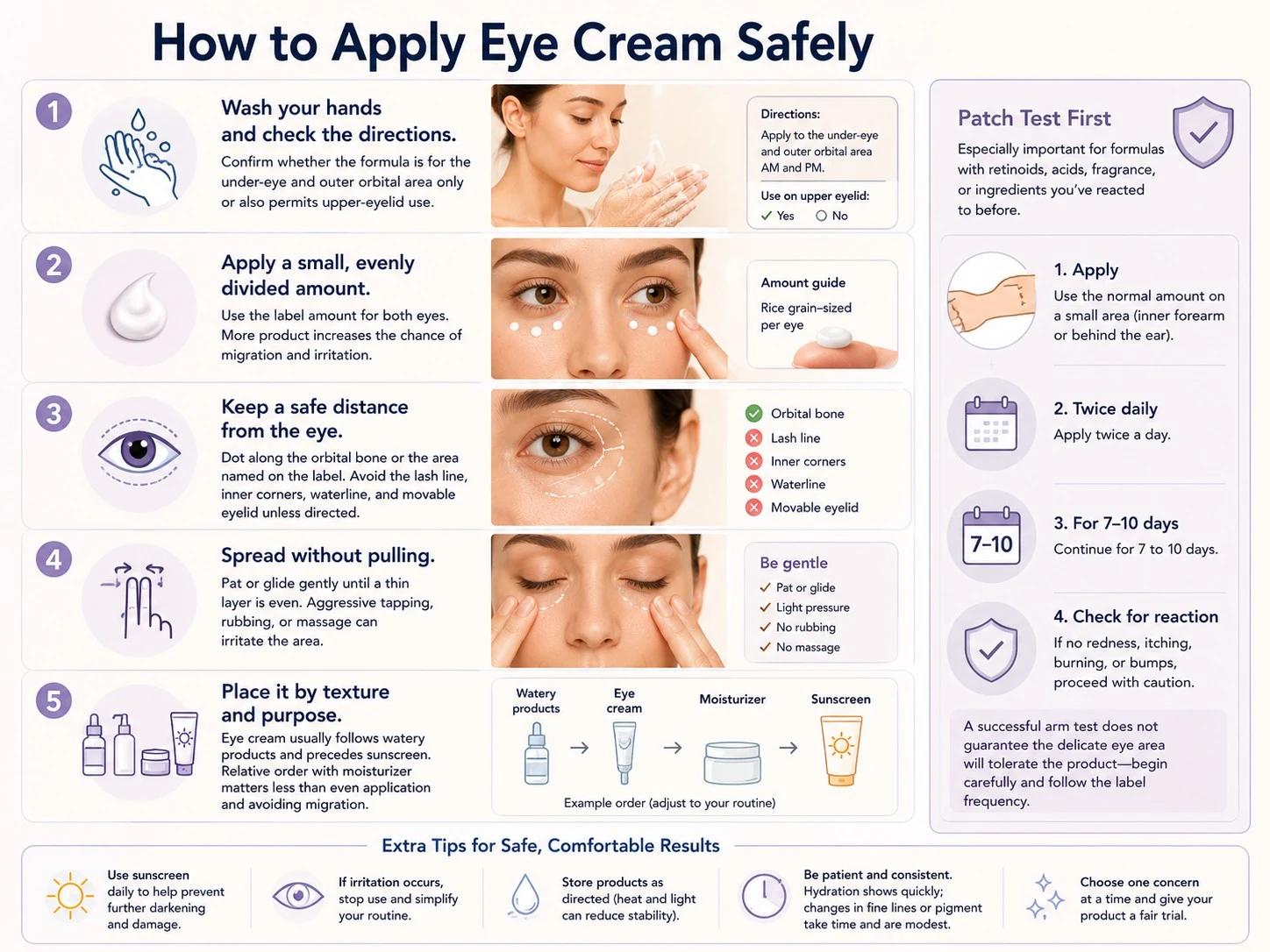 How to Apply Eye Cream Safely illustration showing orbital bone distance gentle patting patch test and sunscreen - Zicail Beauty How to Apply Eye Cream Safely illustration showing orbital bone distance gentle patting patch test and sunscreen - Does Eye Cream Work? Benefits, Limits, and Who Needs It