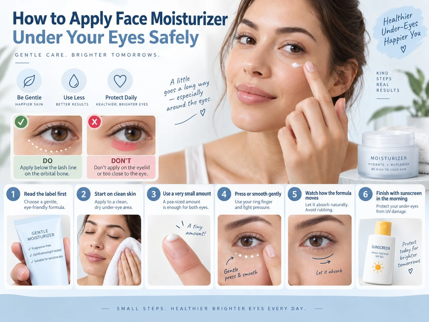 Comment appliquer une crème hydratante pour le visage sous les yeux : illustration montrant la vérification de l’étiquette, une couche fine, une application douce et l’écran solaire - Zicail Beauty Comment appliquer une crème hydratante pour le visage sous les yeux : illustration montrant la vérification de l’étiquette, une couche fine, une application douce et l’écran solaire - Peut-on utiliser une crème hydratante pour le visage sous les yeux en toute sécurité ?