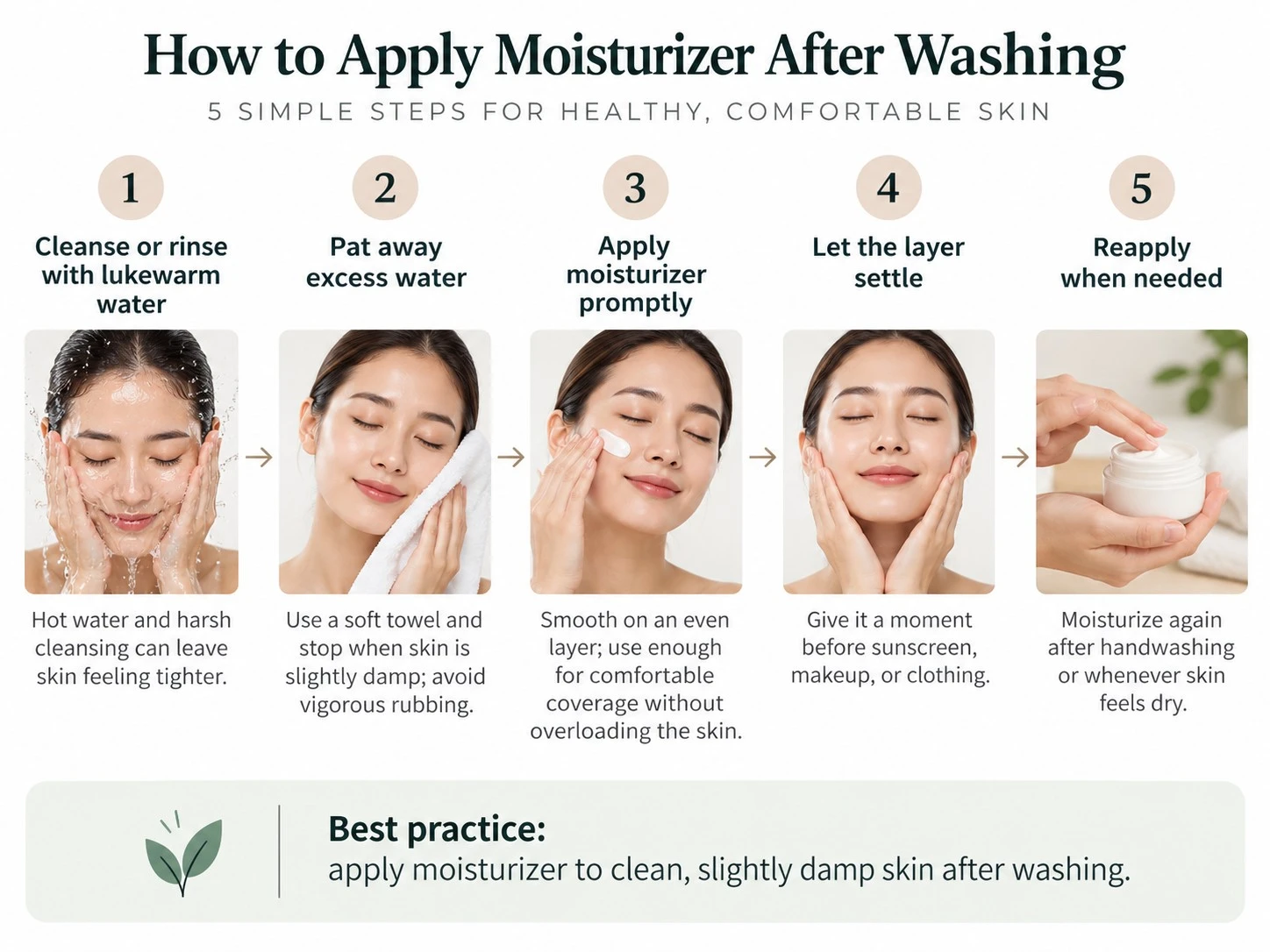 How to Apply Moisturizer After Washing illustration showing cleanse pat damp skin moisturize settle and reapply steps - Zicail Beauty How to Apply Moisturizer After Washing illustration showing cleanse pat damp skin moisturize settle and reapply steps - Moisturizer on Wet or Dry Skin? Best Timing