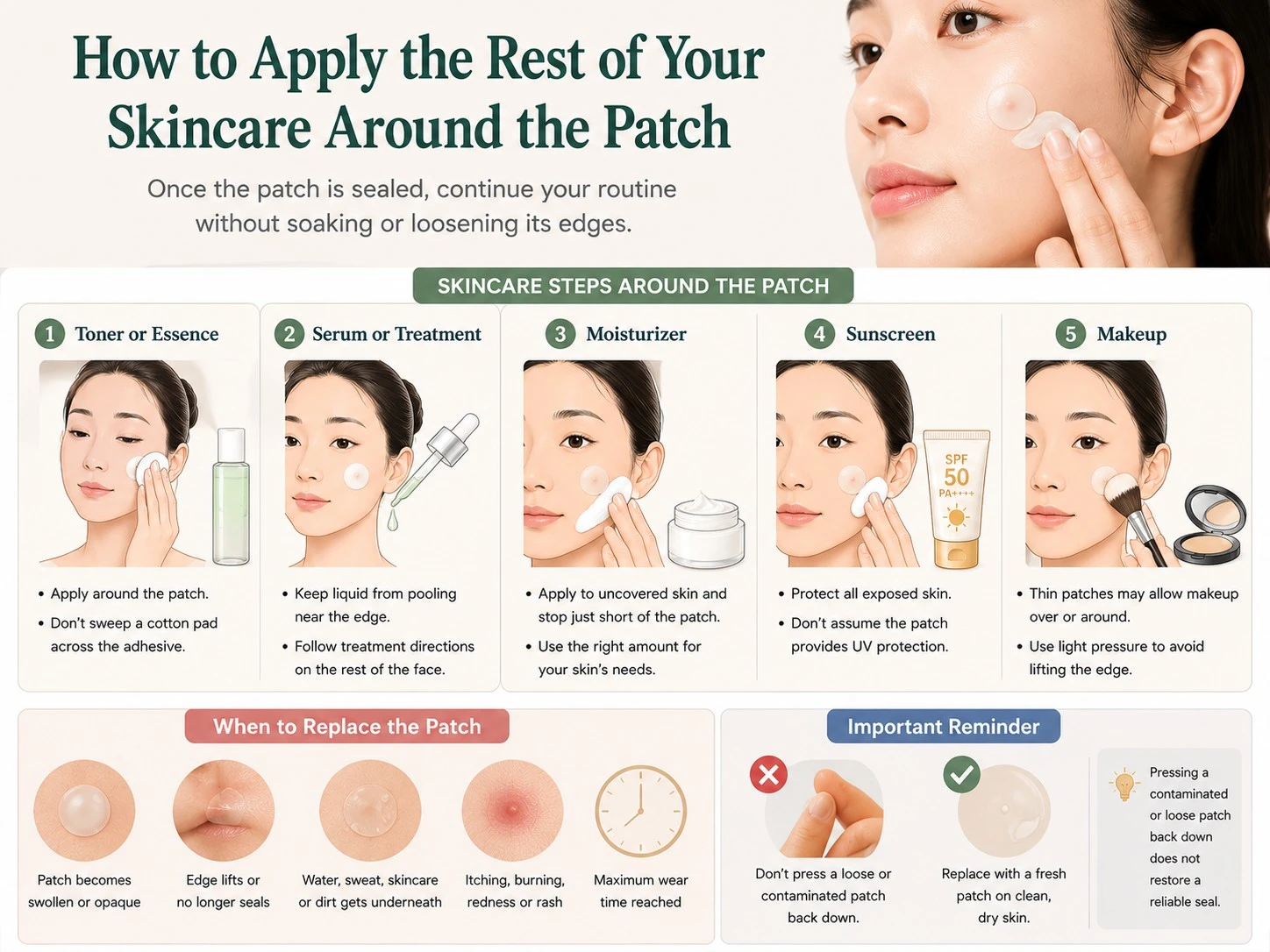 How to Apply Skincare Around a Pimple Patch illustration showing toner serum moisturizer sunscreen makeup and patch replacement - Zicail Beauty How to Apply Skincare Around a Pimple Patch illustration showing toner serum moisturizer sunscreen makeup and patch replacement - Pimple Patch Before or After Skincare? Correct Order